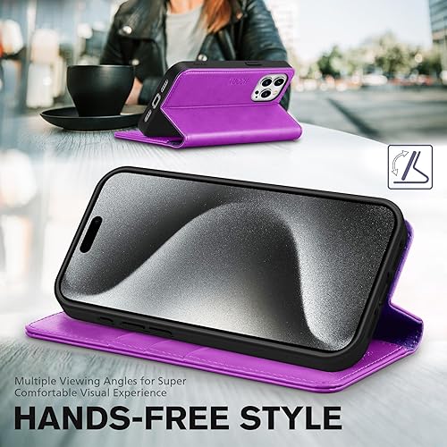 Miniatura 5 de TUCCH Funda tipo cartera para iPhone 15 Pro, piel sintética con bloqueo RFID, 3 ranuras para tarjetas, funda protectora con función atril y función