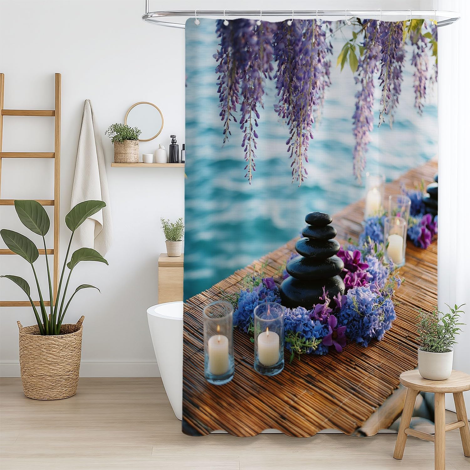 Generico Zasłona prysznicowa 240 x 200 cm, 1 sztuka z mikrofibry, wodoodporna i odporna na pleśń, zmywalna, do łazienki lub wanny, z oczkami i haczykami, fioletowy, luźny, bambusowy dywan kwiaty