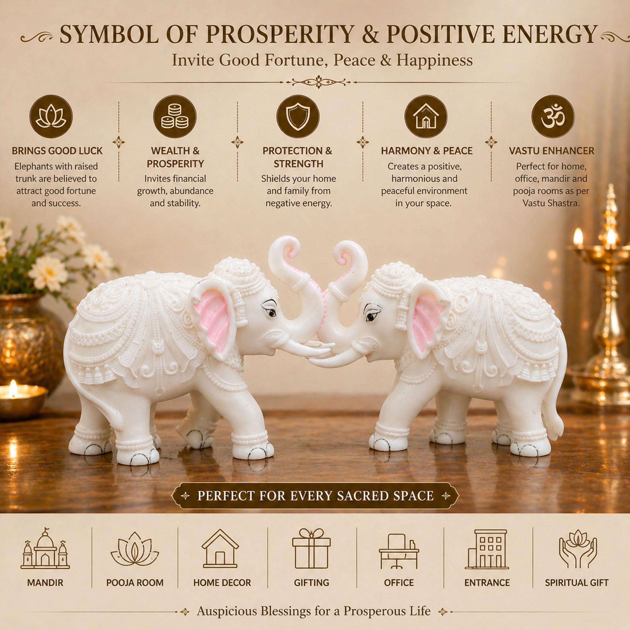 Heavy White Elephant Pair for Mandir Base & Home Temple Decor | 8x10.5 inch Solid Marble Dust Resin Elephant Statues for Corian Mandir Entrance | Vastu Showpiece Set for Living Room — photo — 3 of 8