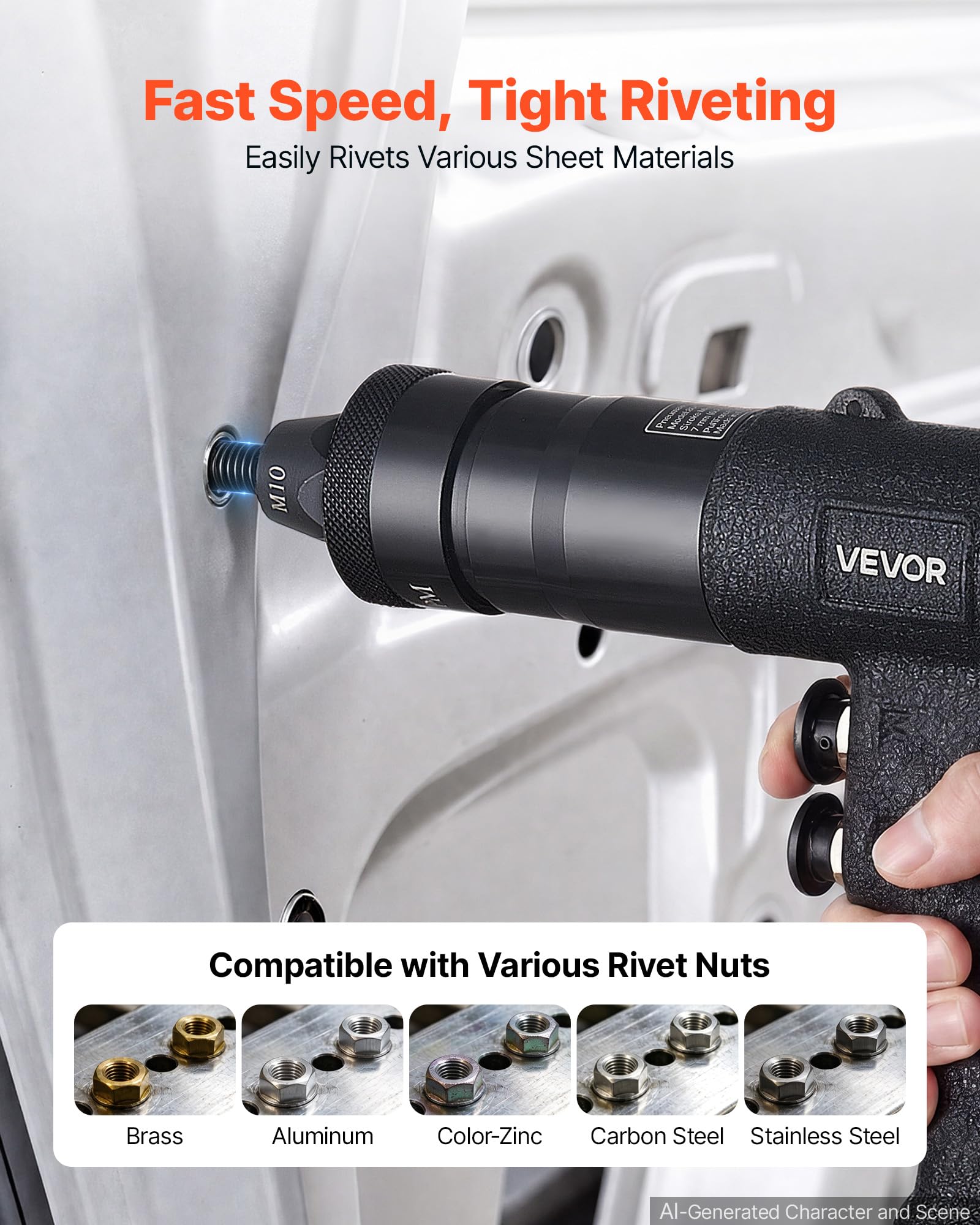 VEVOR Kit Rivettatrice Pneumatica per Inserti Filettati, 20 Pezzi Mandrini | Mandrini M5 M6 M8 M10, Forza di Trazione 1134 kg, Interruttore Avanti/Indietro, per Auto, Edilizia e Produzione Industriale