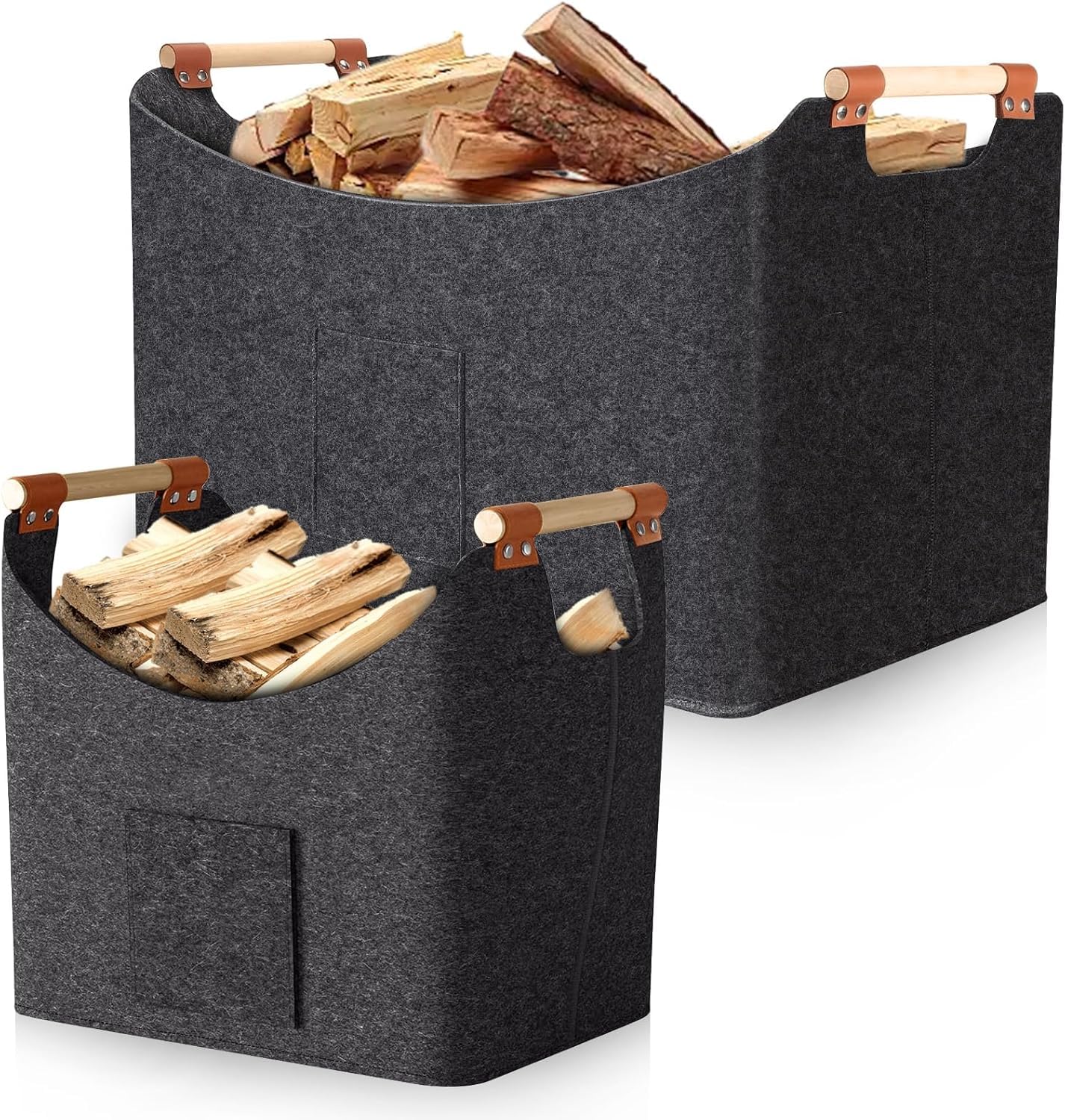 Cesta para Leña 2 Unidades, de fieltro Fieltro extra grueso y asa reforzada, plegable Bolsa, con bolsillo frontal, 67L & 96L, 50×32×40 cm 60×40×40 cm, Guardar Periódicos la Chimenea