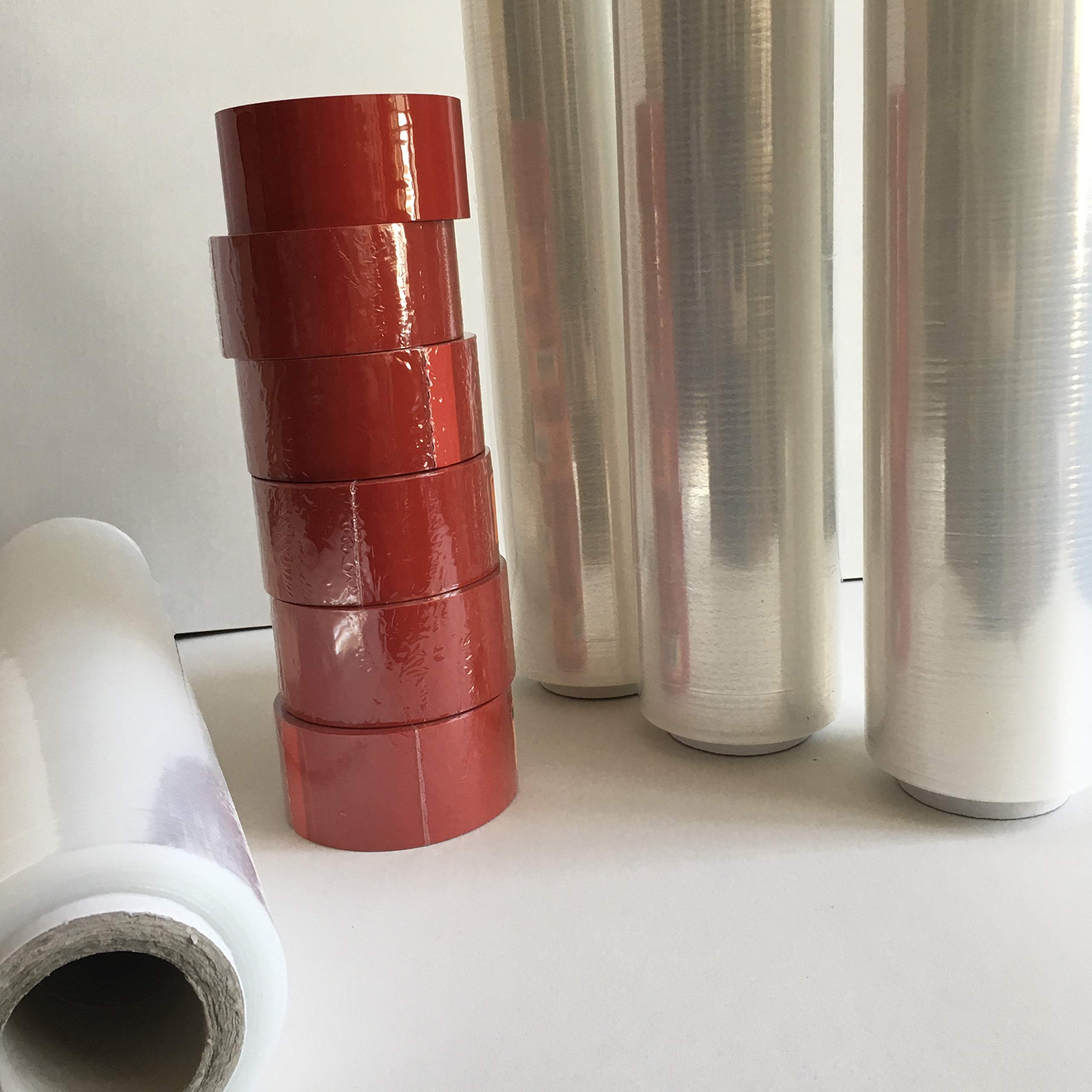 6 BOBINE Pellicola Film in Polietilene per Imballo Imballaggi H 50 cm in Rotolo da 400 mtl spessore 23 micron peso 2,4 kg +6 ROTOLI NASTRO ADESIVO 50x66 ROSSO PPL SILENZIOSO