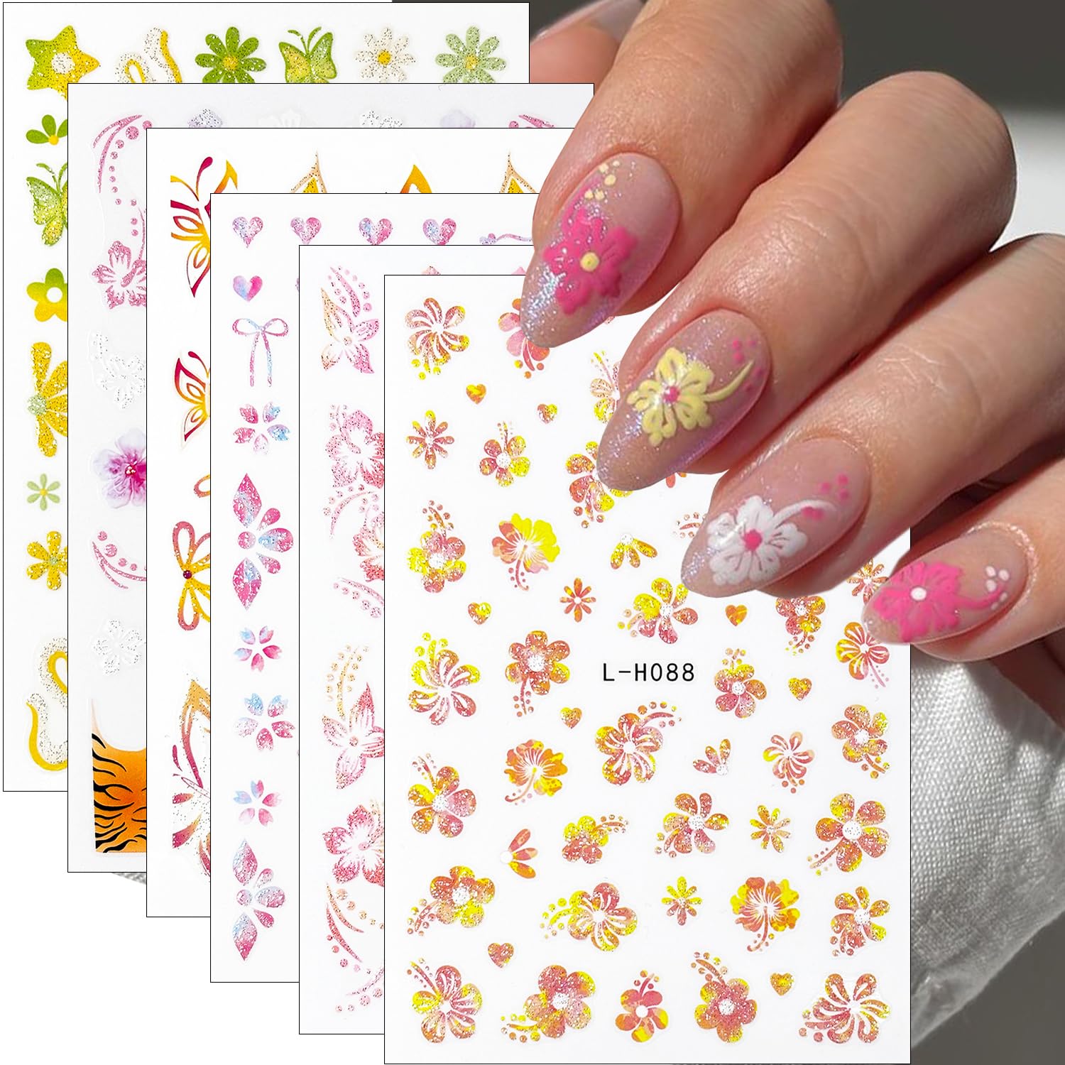 6Pcs Flower Nail Art Stickers 3D Glitter Hibiscus Nail Decals Pink Yellow Green Floral Nail Design Stickers French Tip Nail Art Sticker Spring