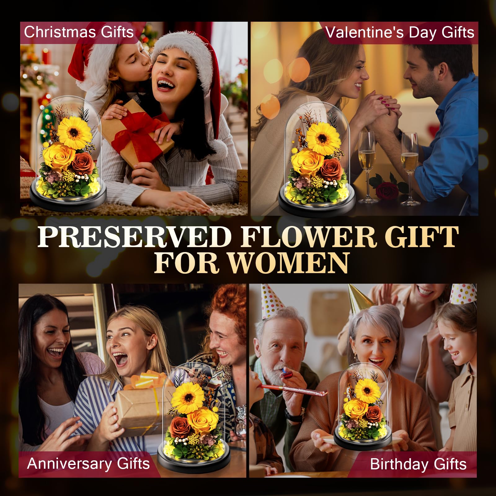Touloube Gerbera y Rosa Eterna Preservadas en Cúpula de Cristal con Luz LED | Regalo de Día de la Madre para Mamá, Perfecta Regalo Girasol para Mujeres, Novia y Esposa | Flores Preservadas