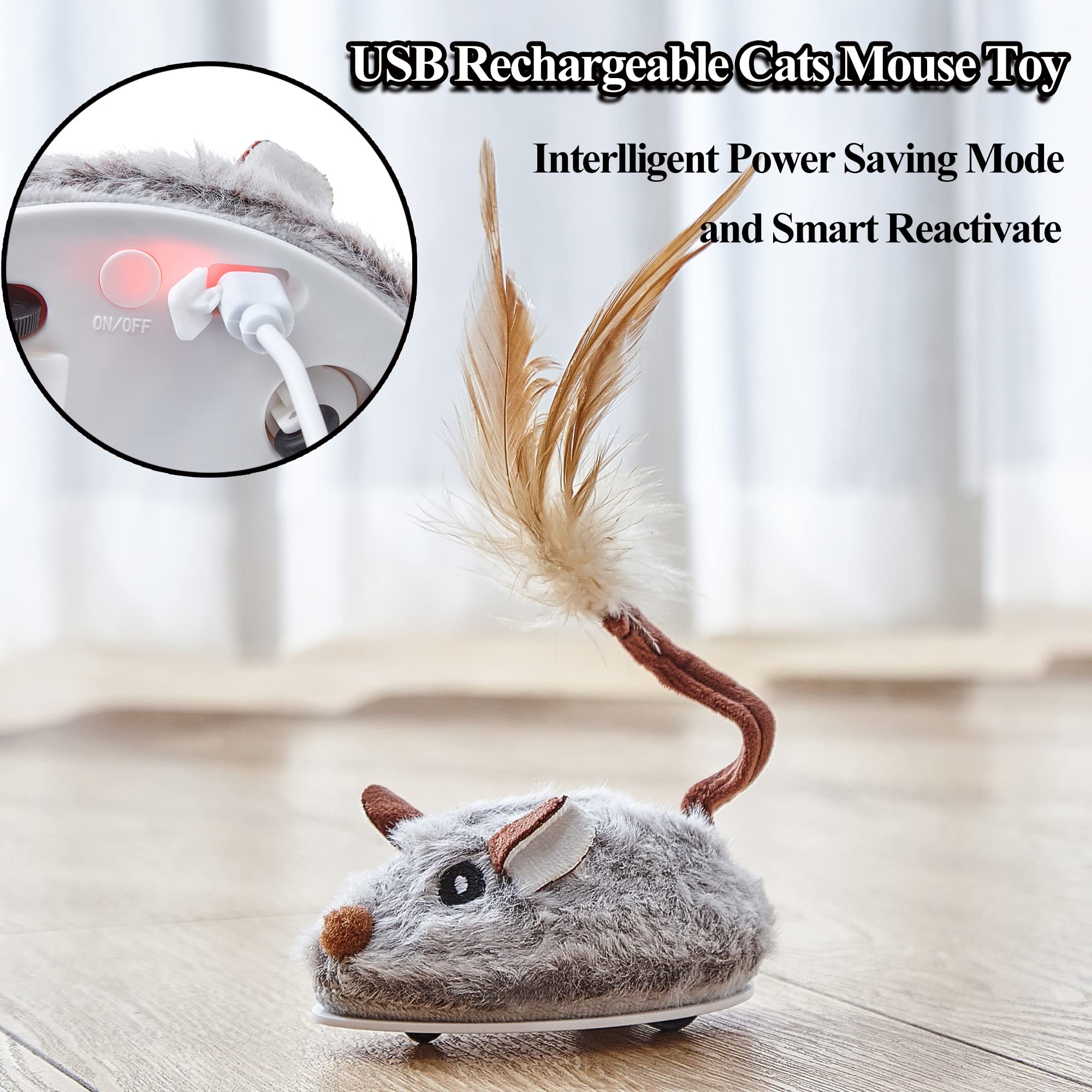 Vealind Giochi Gatto Interattivo- Gioco Gatto Giocattolo per Gatti Interattivi con Piume, USB Ricaricabile Automatica Spostamento del mouse (Grigio)