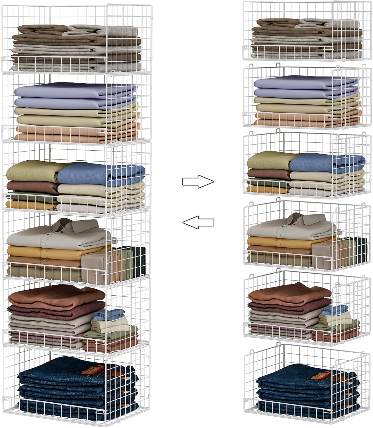 6-Tier Stackable & Foldable Closet Organizers, White Modern Metal Closet Shelf System with 6 Shelves, 15.7"x11.8"x8.7" (Patent Pending)