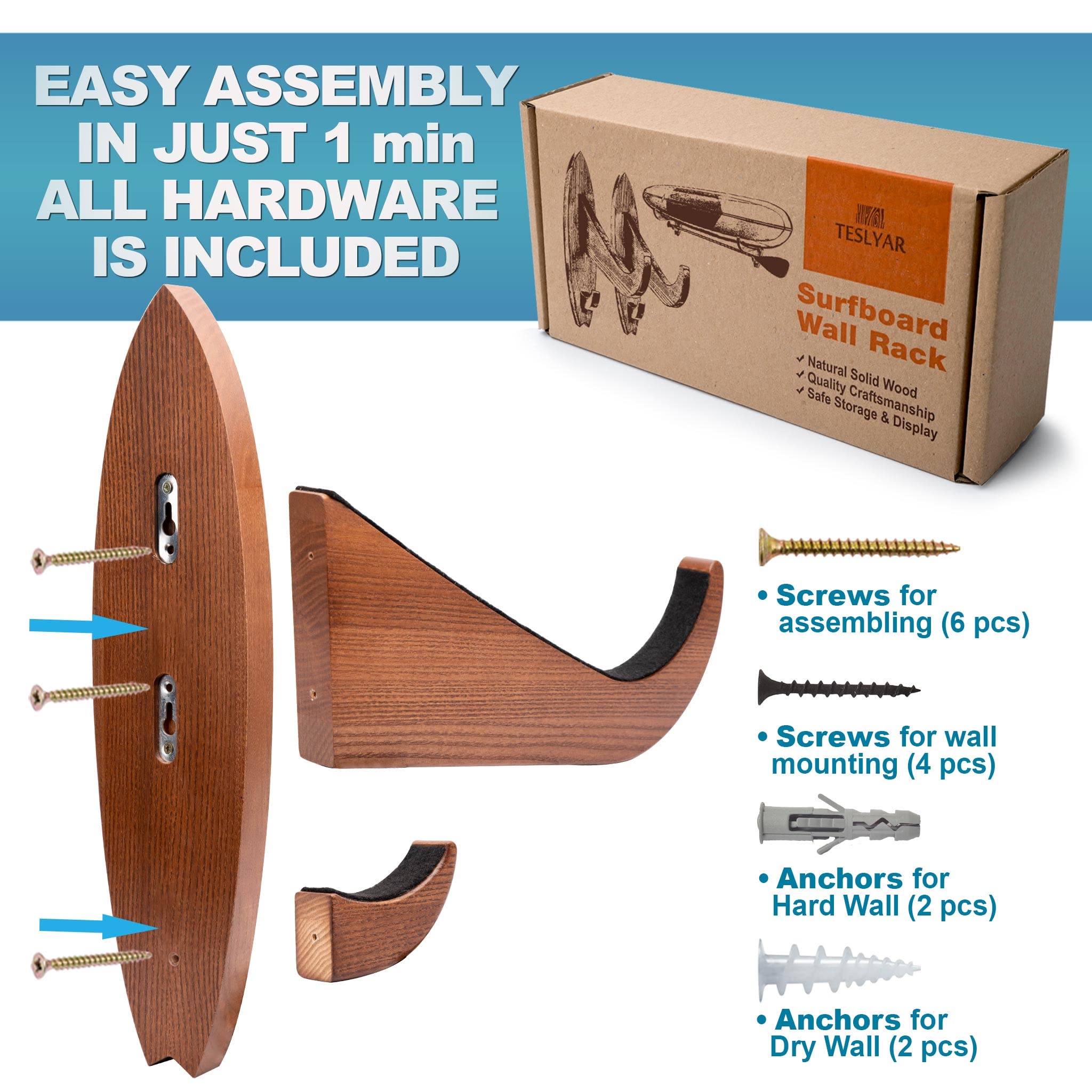 TESLYAR Soporte para tabla de surf madera de fresno acabado natural marrón grande