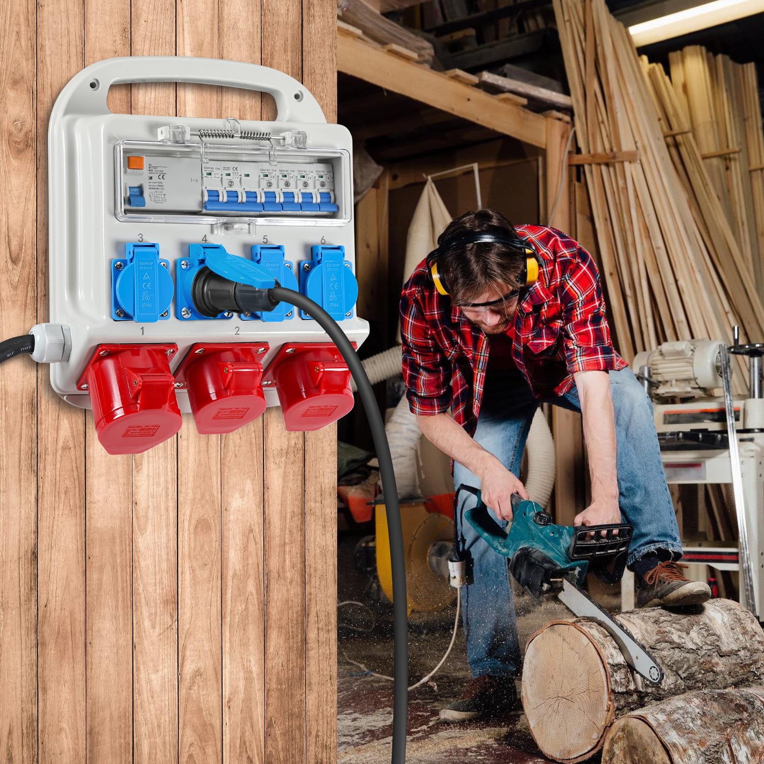 Distributore di corrente IP65 senza FI, con CEE 16A & 32A 400V e Schuko 230V, distributore a parete a 5 poli per cantieri, industrie, interni ed esterni, alloggiamento resistente alle