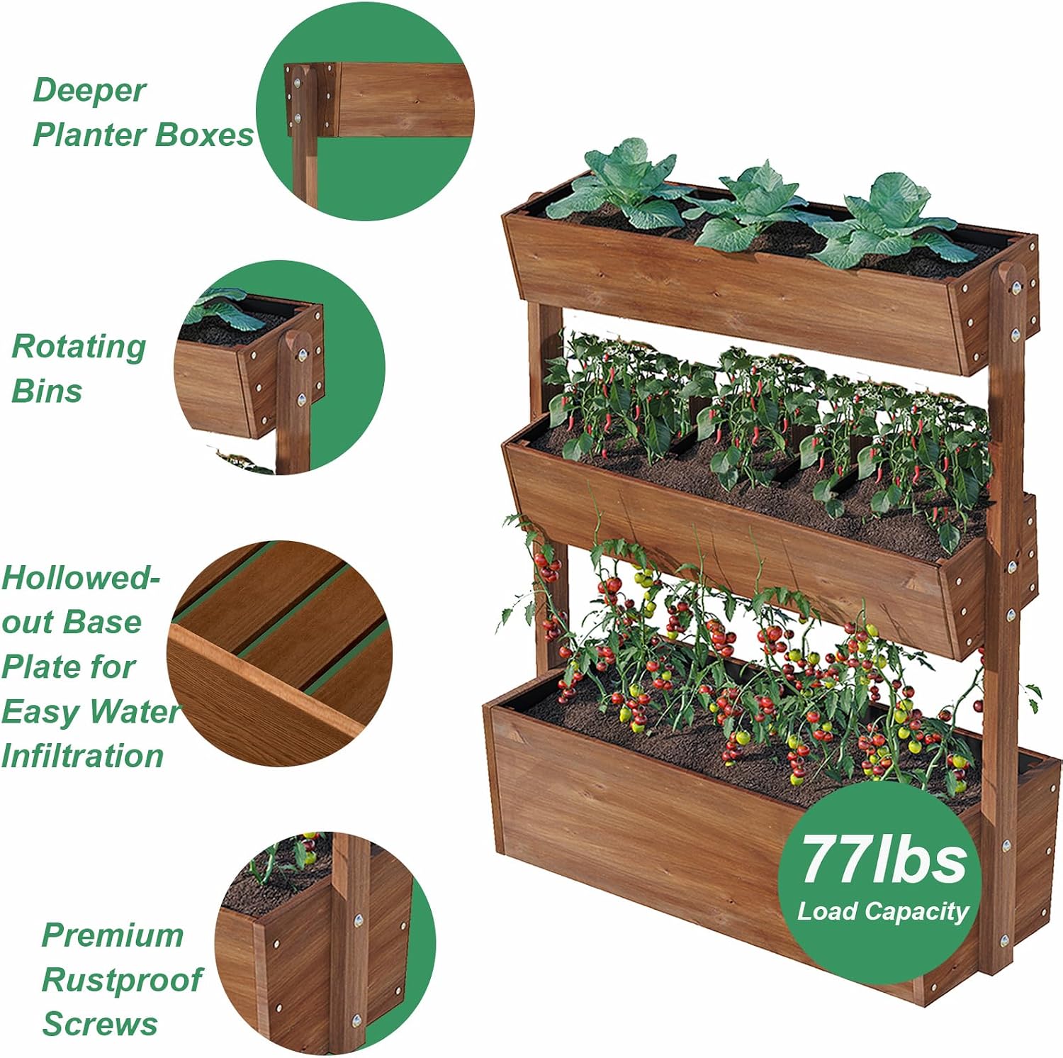 Raised Garden Bed,3 Tier Vertical Garden Planter,Planter Box,Fir Wood Adjustable Freestanding Elevated Herb Stand Tower,Flower Strawberry Vegetable for Outdoor Indoor Balcony,33x17x46,Brown