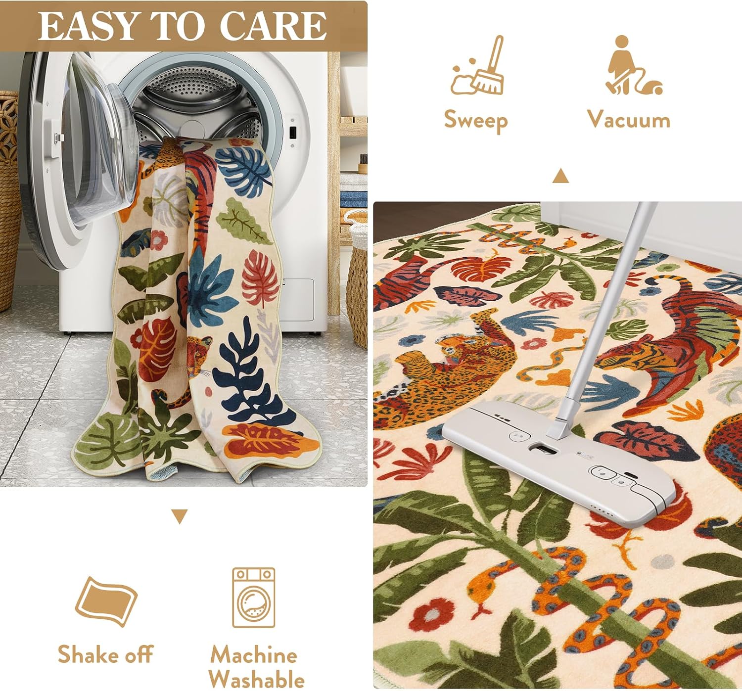 LEEVAN 3x5 Bedroom Rug Washable Tiger Kitchen Rugs Non Slip Beige Entryway Mat Scalloped Office Floor Pad Leopard Living Room Rug Low Pile Playroom Carpet Jungle Kids Mat