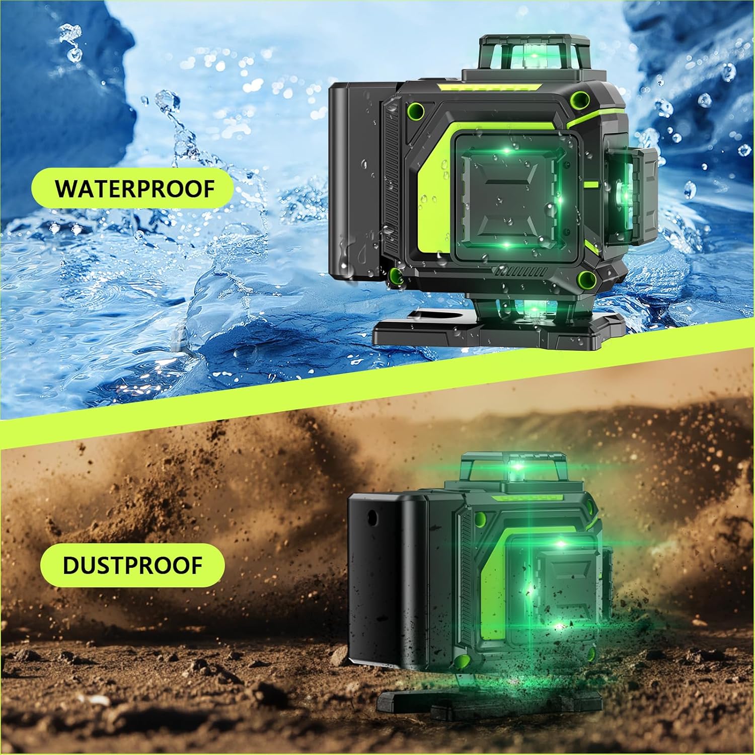 MBYULO OC3-16G Laser Level showing waterproof and dustproof features