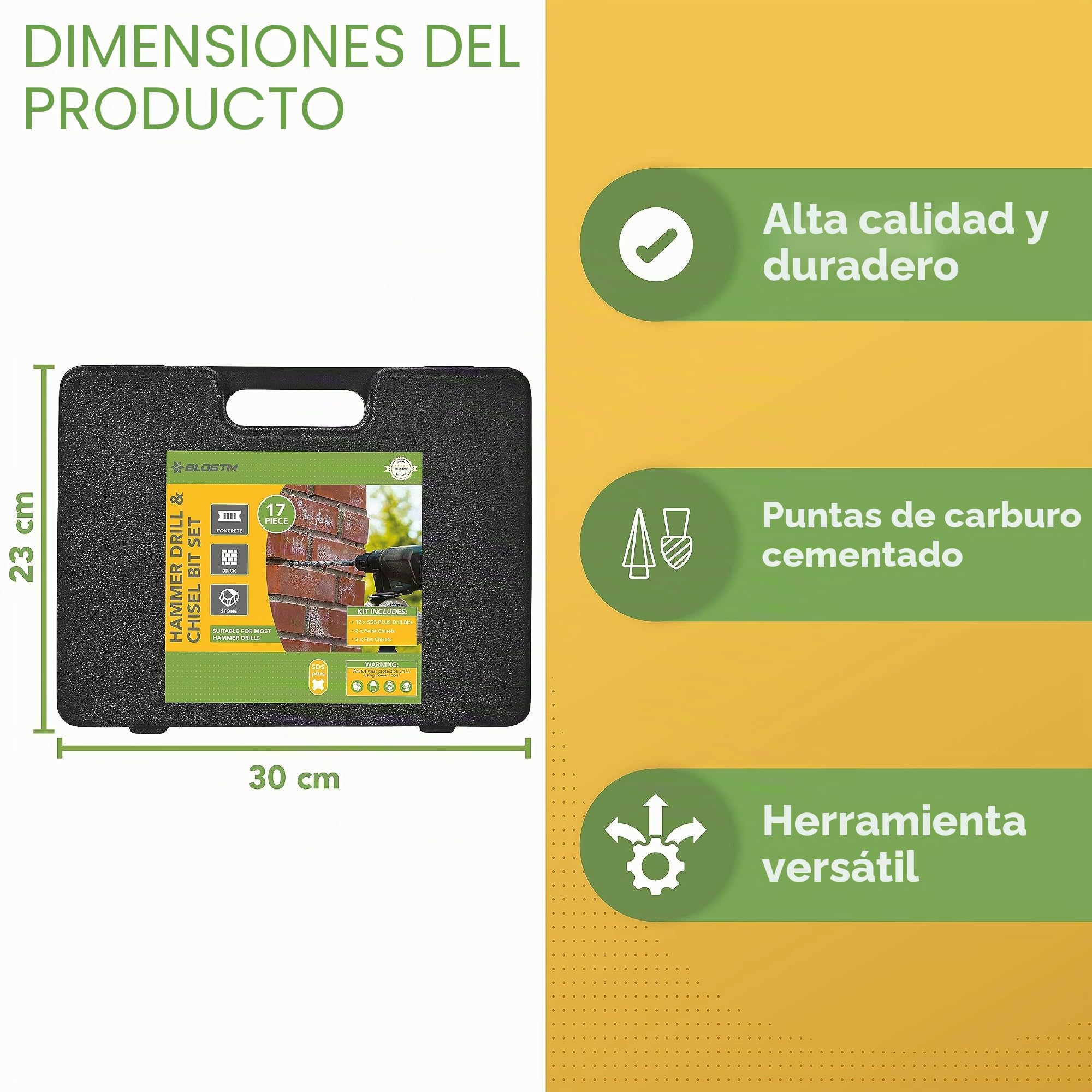 BLOSTM Juego de brocas SDS Plus de 17 piezas - Brocas de cincel SDS y brocas de martillo con estuche de almacenamiento compacto para hormigón, baldosas, ladrillos y más