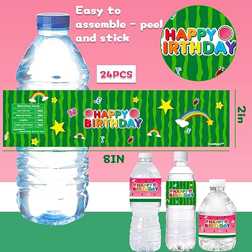 Miniatura 6 de 24 etiquetas para botellas de agua de fiesta de melón de dibujos animados para niños y niñas, suministros de fiesta de cumpleaños de sandía,