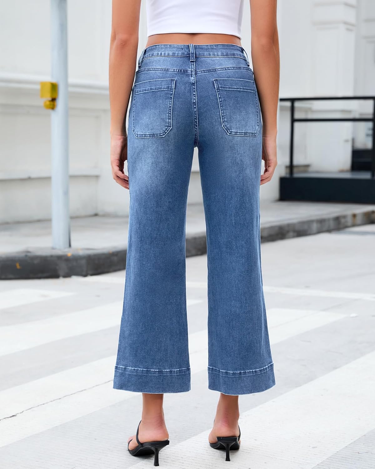 LookbookStore Wide Leg Cropped Jeans for Women High Waisted Stretchy Denim Jean Pants Baggy Flare Trouser Jeans Pockets - Image 3