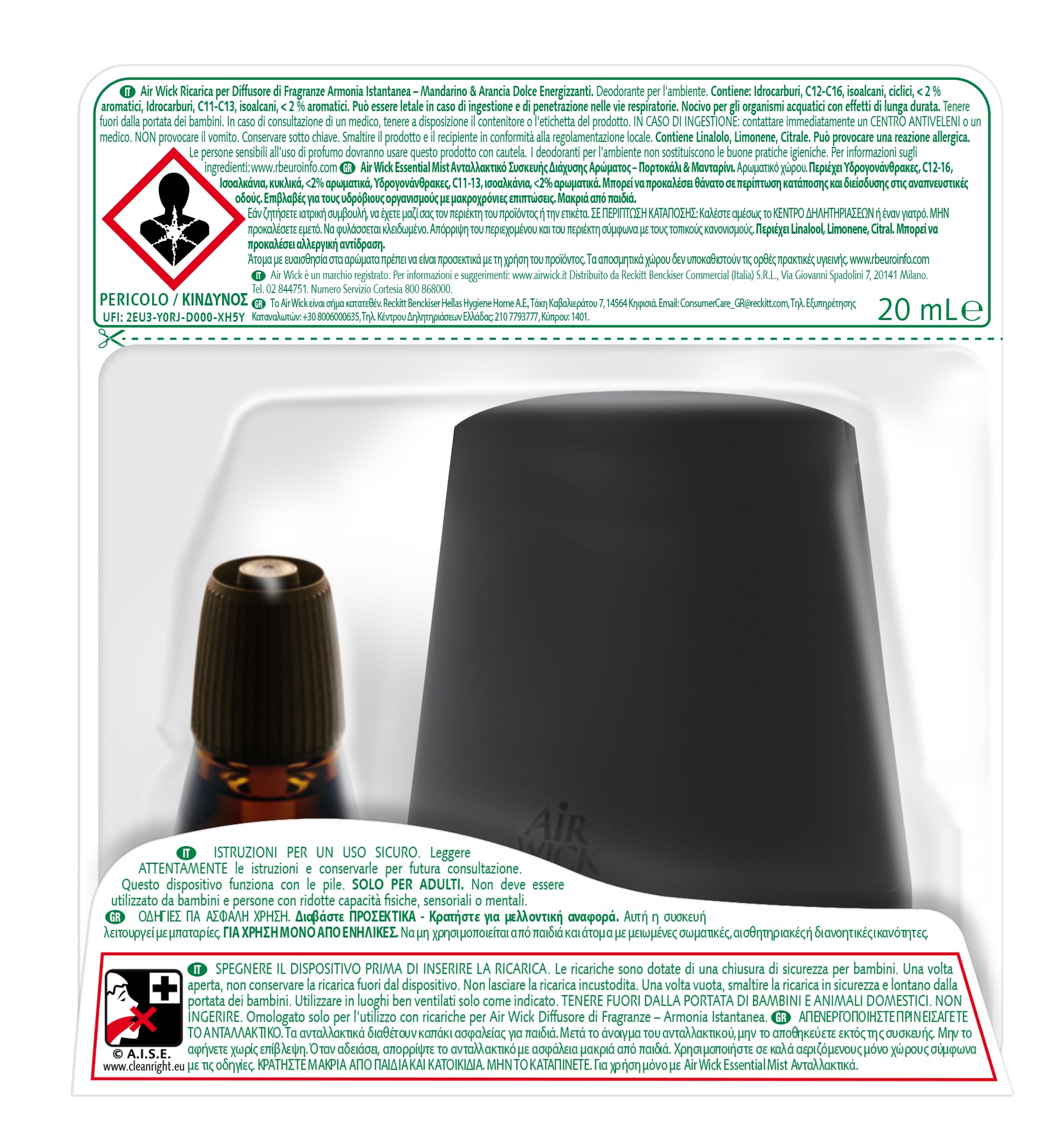Airwick Armonia Istantanea Profumatore per Ambienti, Confezione con 1 Diffusore di Oli Essenziali e 1 Ricarica per Diffusore di Oli Essenziali, Fragranza Mandarino & Arancia Dolce Energizzanti
