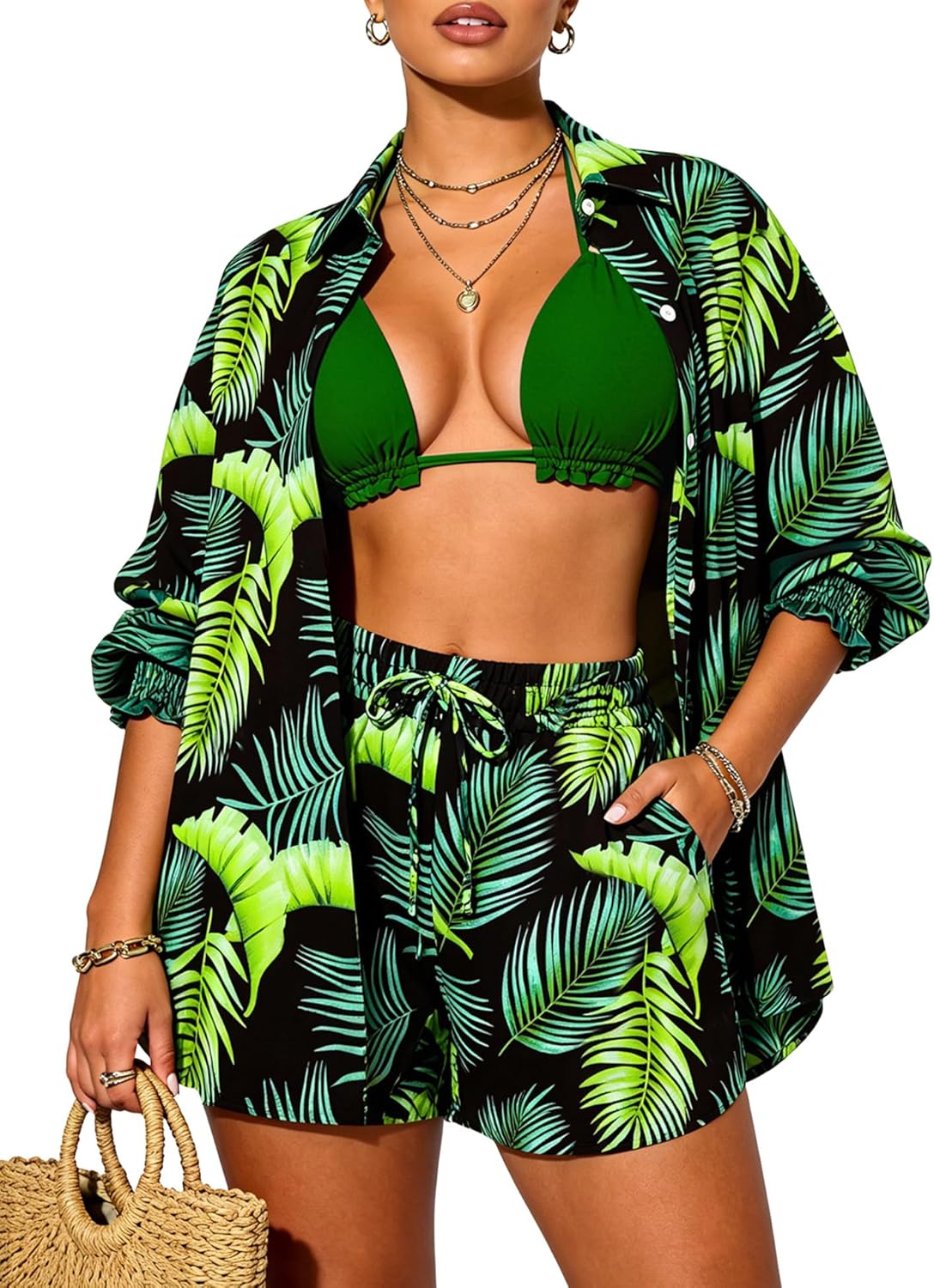 UOUA 3 Piece Swimsuits for Women Hawaiian Outfits Floral Tropical Bikini & Short Sets Summer Beach Sexy Cover Ups Luau Party