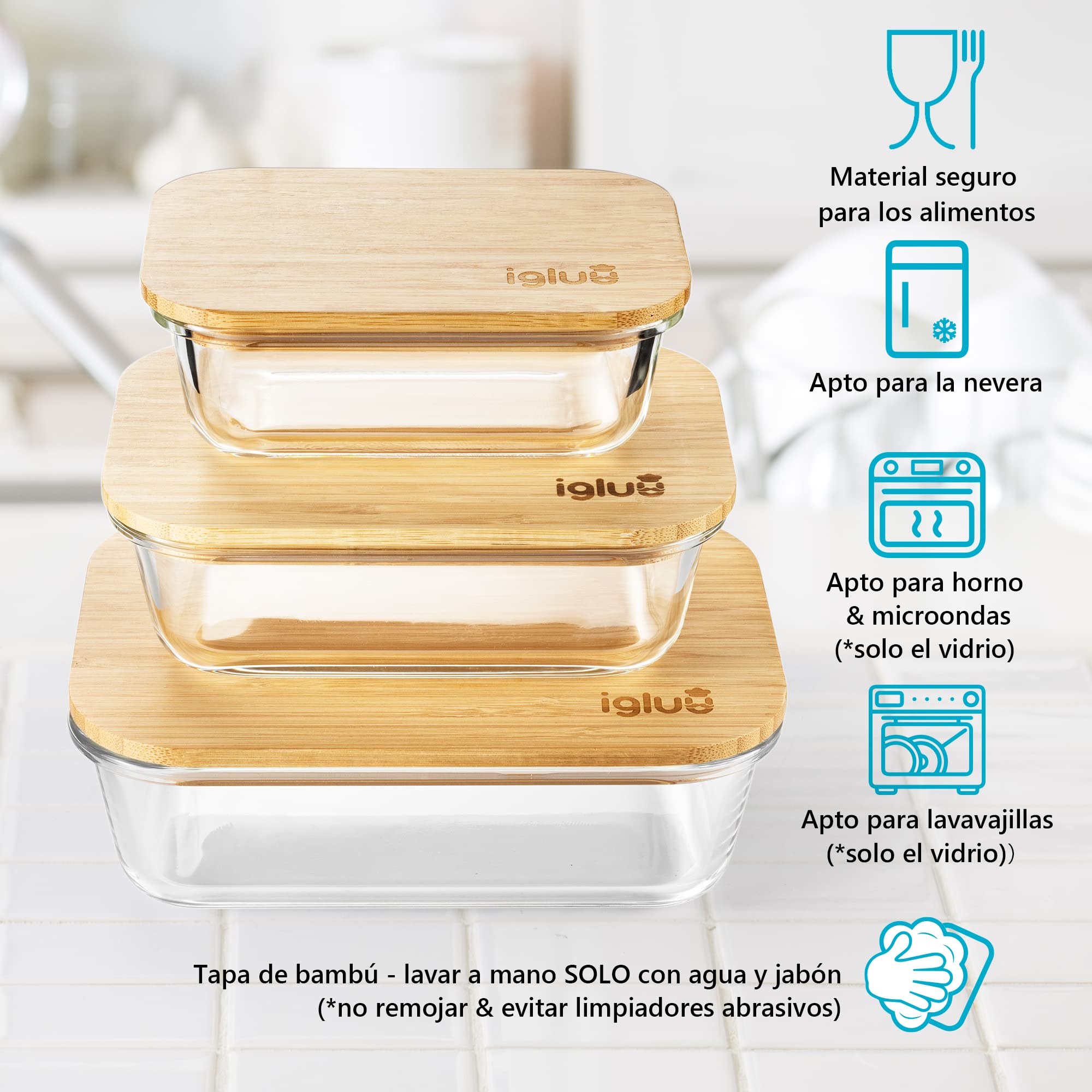 Igluu Meal Prep Recipientes de Cristal (Set de 3) – 370/640/1050ml | Tapa de Bambú, Sin BPA – Horno, Freidora de Aire, Microondas, Congelador y Lavavajillas – Vidrio de Borosilicato