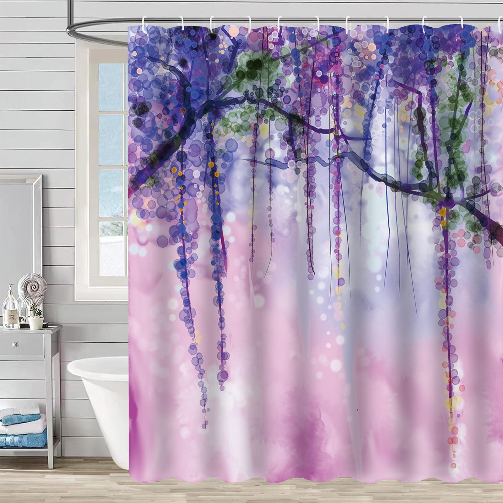 FAIRYGATE Duschvorhang Rosa Vorhang Badewanne Badvorhang Duschvorhang Stoffliches Polyester Stoff Gewebe Badezimmerdekorationsset mit Haken 180 x 180 cm Bath Curtain Weiß mit Grüne Blätter B9621