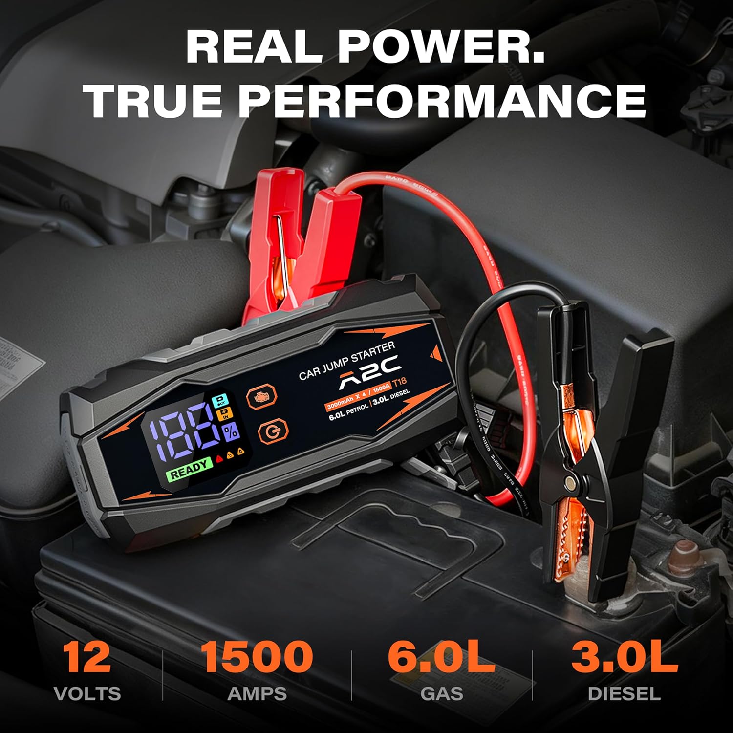 A2C 1500A Portable Car Jump Starter, 12V Auto Battery Booster(up to 6.0L Gas Or 3.0L Diesel), 44.4Wh / 12000mAh Power Bank (QC 3.0) with 3 USB C, LED Display and Light for Extreme Weather, Road Trips