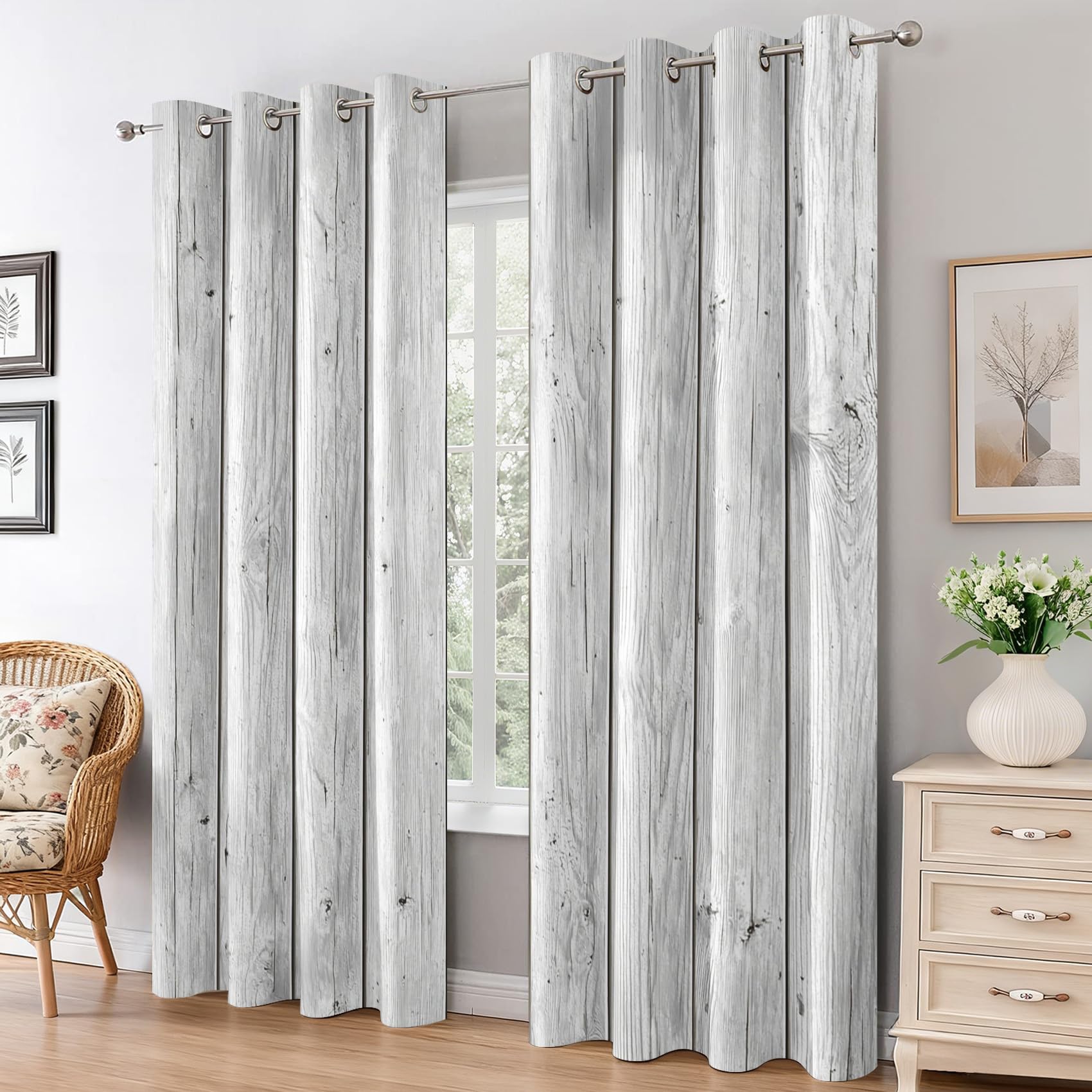 Générique Rideau Occultant Planche de Bois, Rideaux Motif Planche en Bois Blanc, Lot de 2 Rideau et Draperies Intérieurs à Oeillets, Rideaux pour Cuisine Chambre Salon, 75x166 cm (LxH) B-D124
