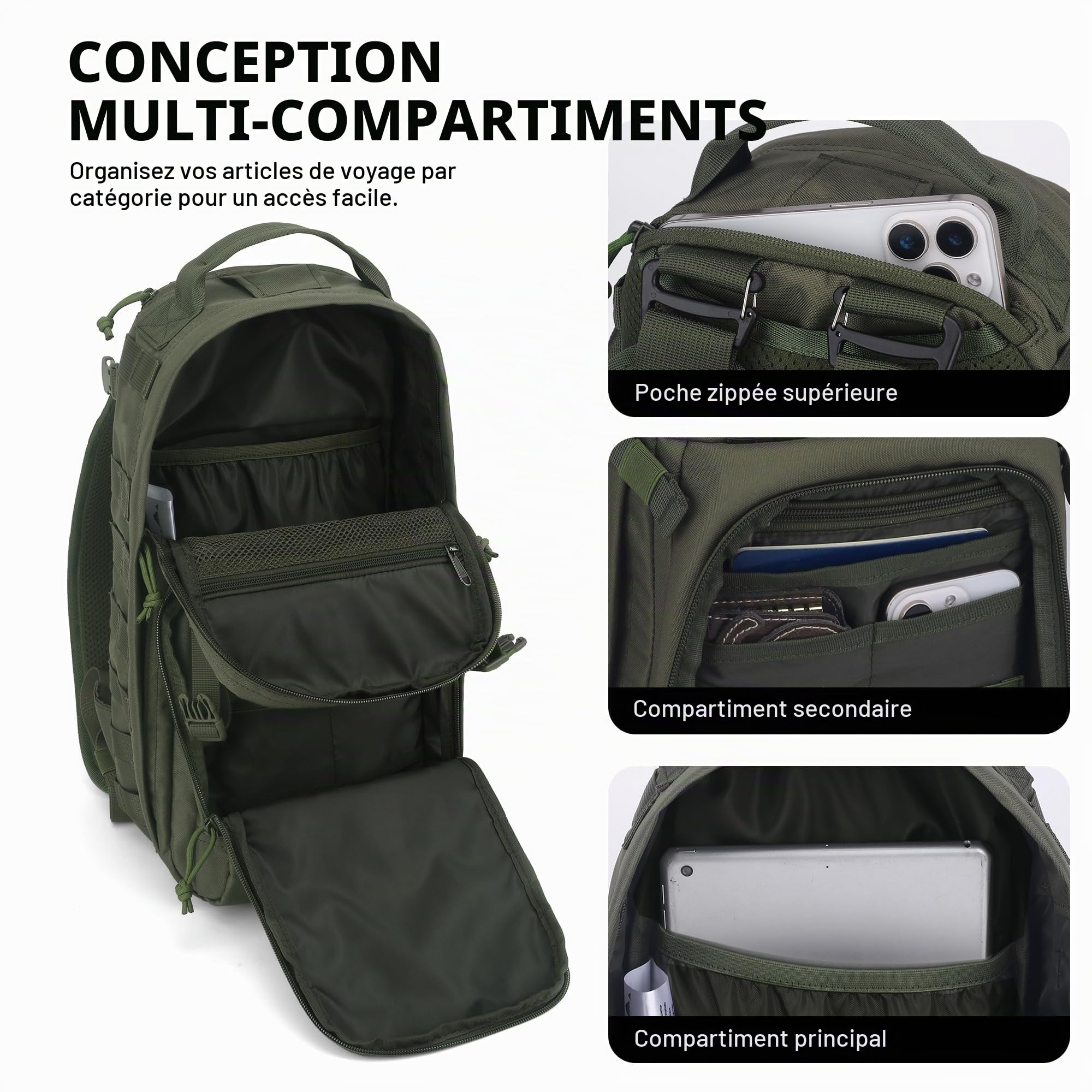 Mardingtop Sac à dos de randonnée tactique de 18 l avec bretelles amovibles pour l'extérieur, le camping, les voyages, le trekking, le travail