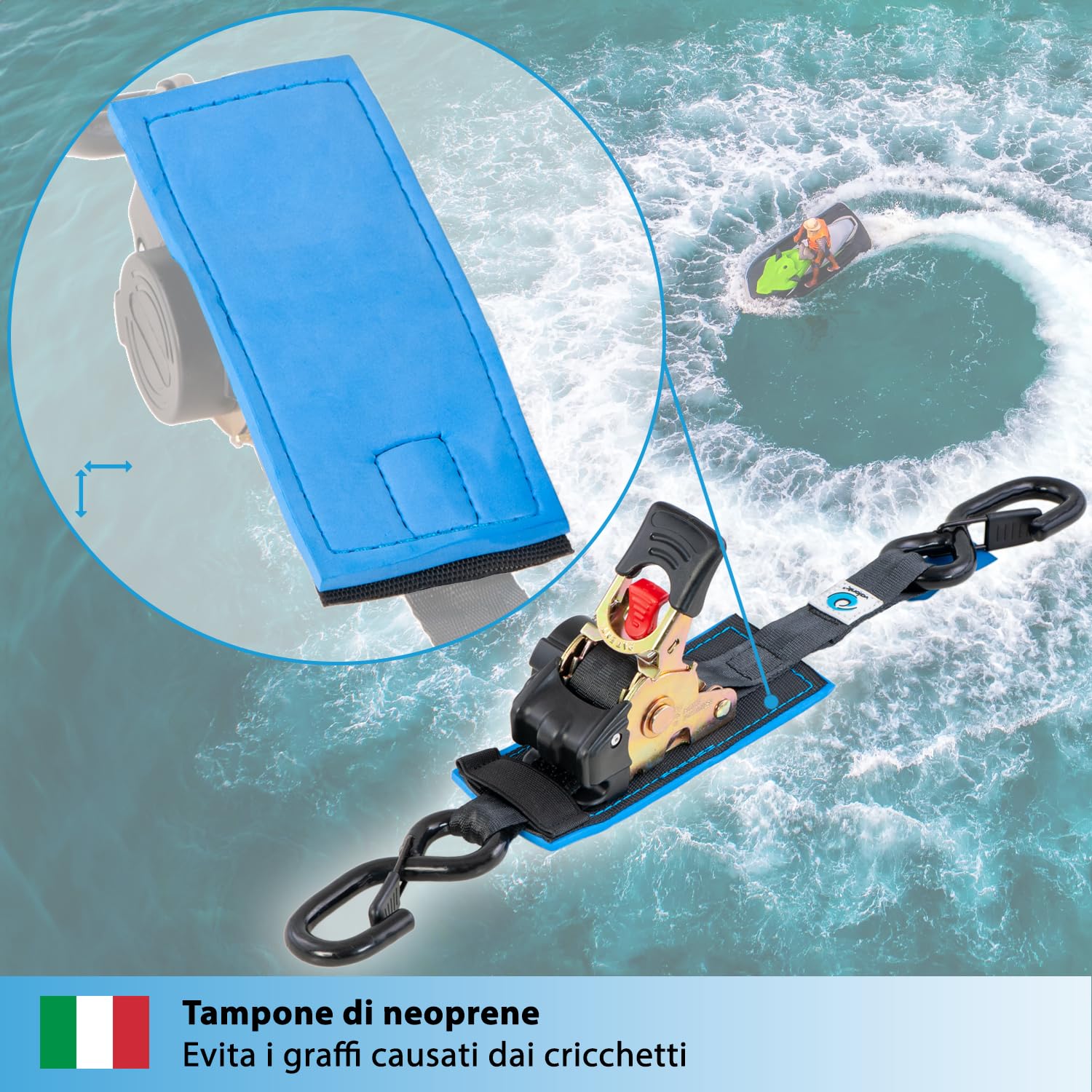 valonic RACOON - 2x 3m cinghie di fissaggio automatico, 25mm, 300/600 Kg, imbottito, EN-12195-2 - con gancio, con cricchetto, nero, per moto