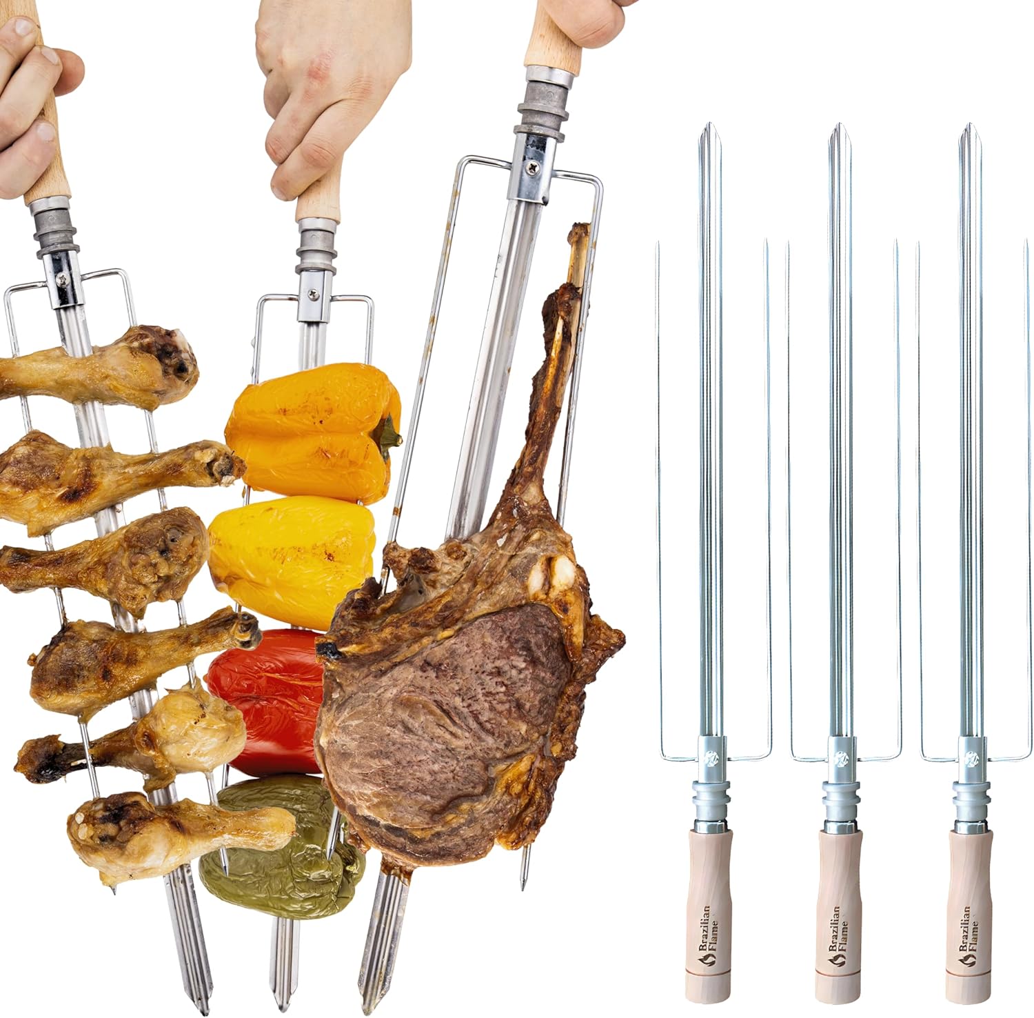 Brazilian Flame 3 Triple Skewer for Rotisserie Grill, Perfect for Grilling Koubideh Chicken and Kebabs, Stainless Steel Skewers Flat, Dishwasher Safe, Rust Resistant, Kabob Skewers for Grilling