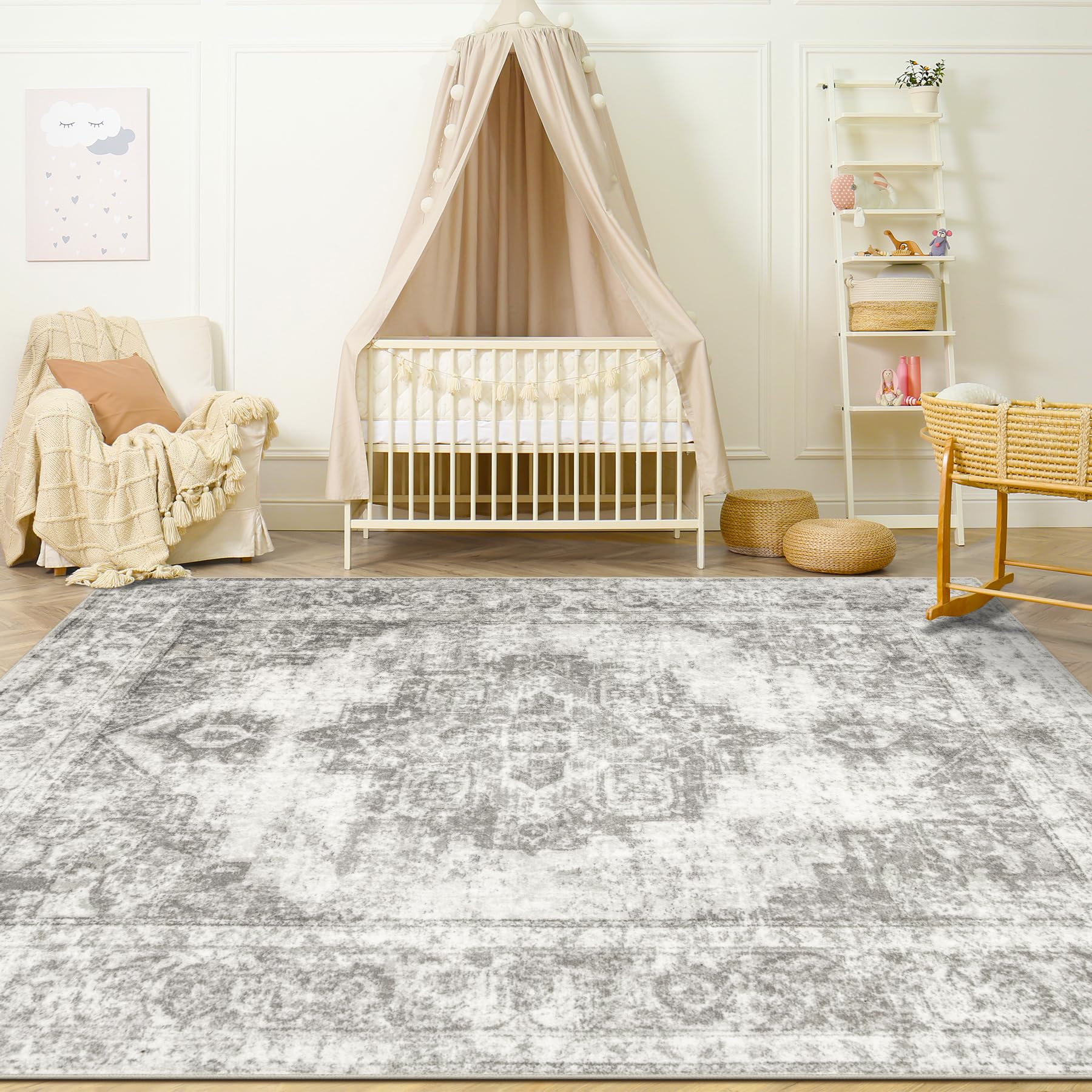 Area Rug 4x6 Vintage Rugs: Washable Indoor Medallion Rug Low Pile Distressed Floor Carpet Retro Accent Rugs for Living Room Bedroom Kitchen Dining