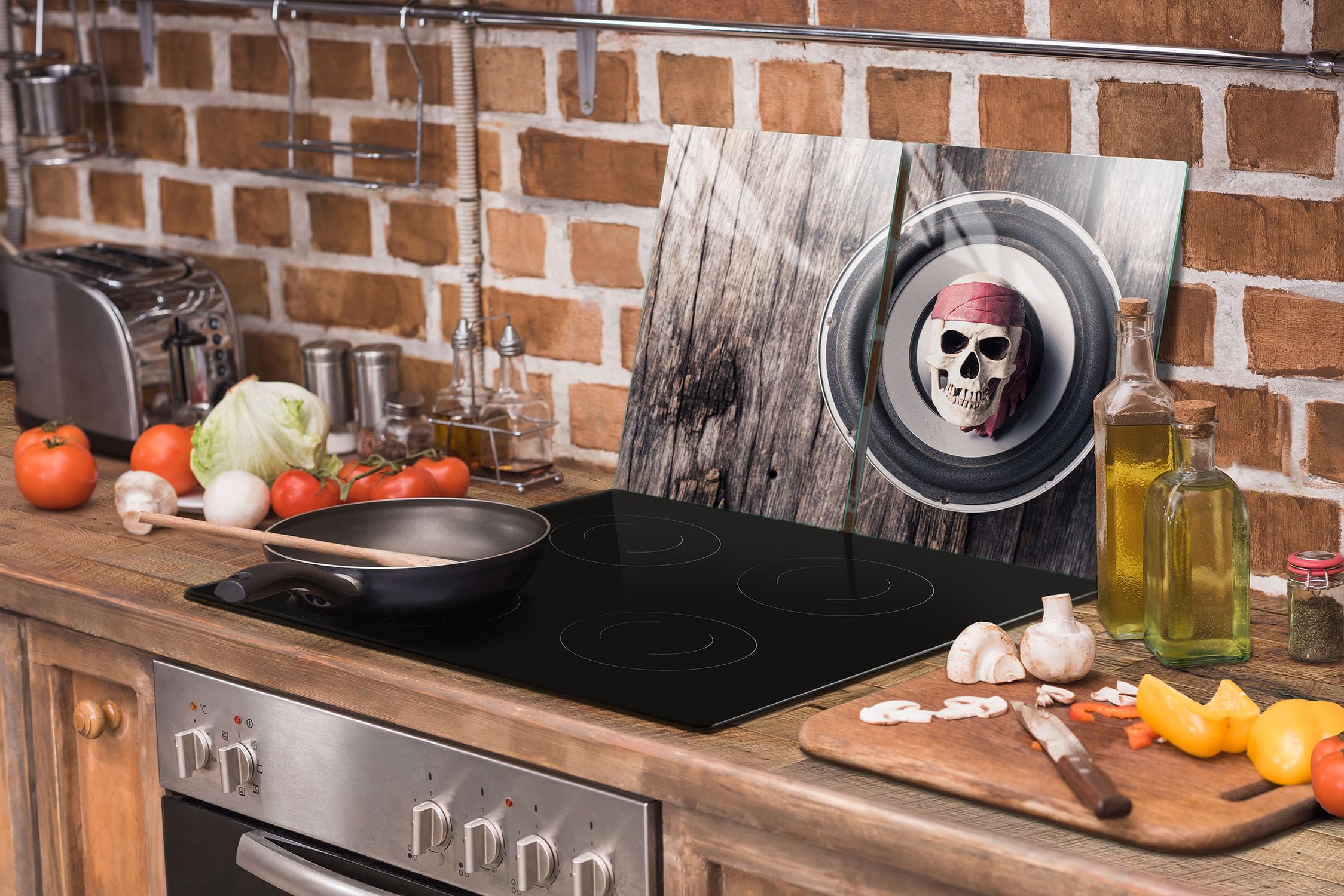 TMK ArtDeko Herdabdeckplatten Set 70 x 52 cm Ceranfeld Abdeckung Glas Spritzschutz Abdeckplatte Glasplatte Herd Ceranfeldabdeckung Deko Schneidebrett, Holz