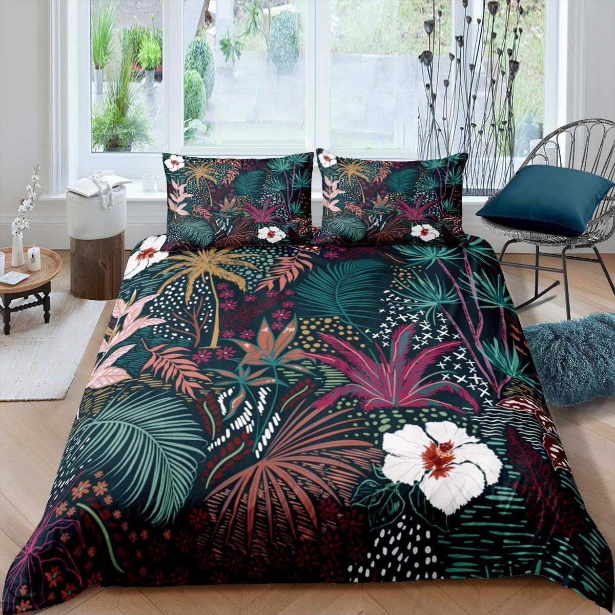 Housse de couette enfant microfibre tropical sombre très grand lit bois