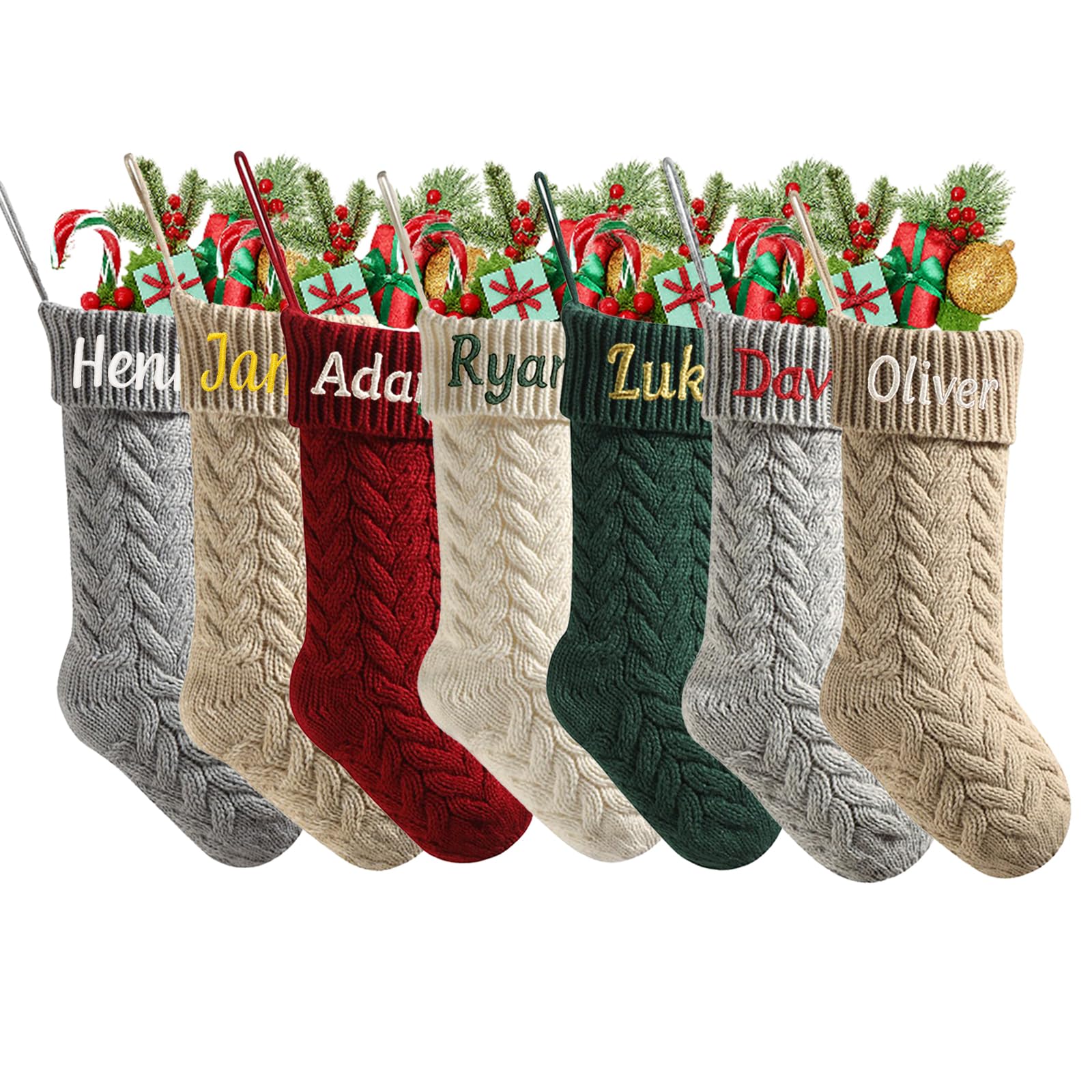 mememom Personalised Christmas Stockings with Embroidered Name,18 inch Large Knitted Christmas Stocking for Family, Custom Embroidered Xmas Stocking for Kids, Holiday Party Decoration(Style 5-3 Pack) — image 1