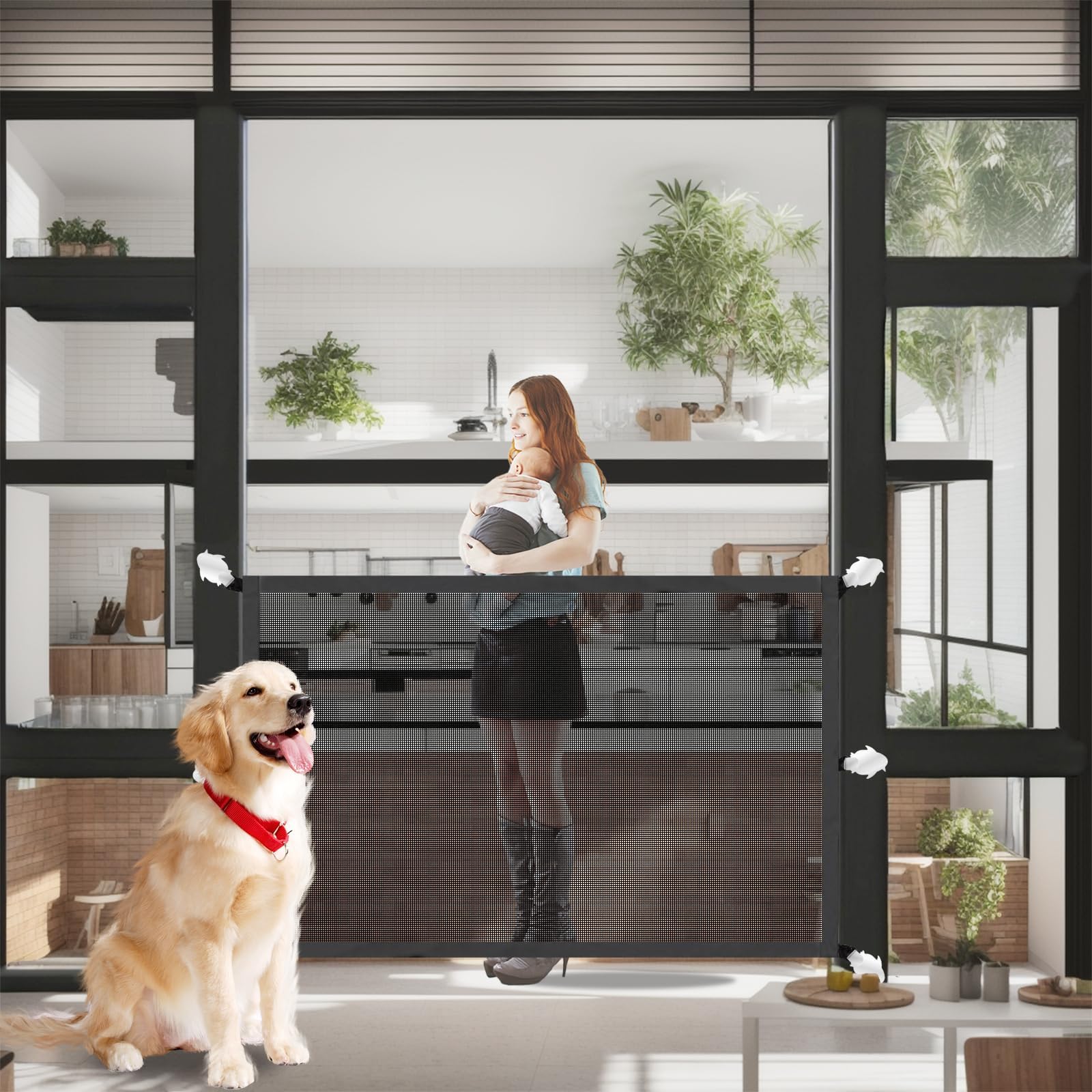 Dog Gates for Doorways, Malydyox Mesh Puppy Gates for The House with Portable Safety Fence Easily Install Anywhere, Gates for Dogs Indoor with 6pcs Loops and 8pcs Penguin Hooks, 36'' X 29''