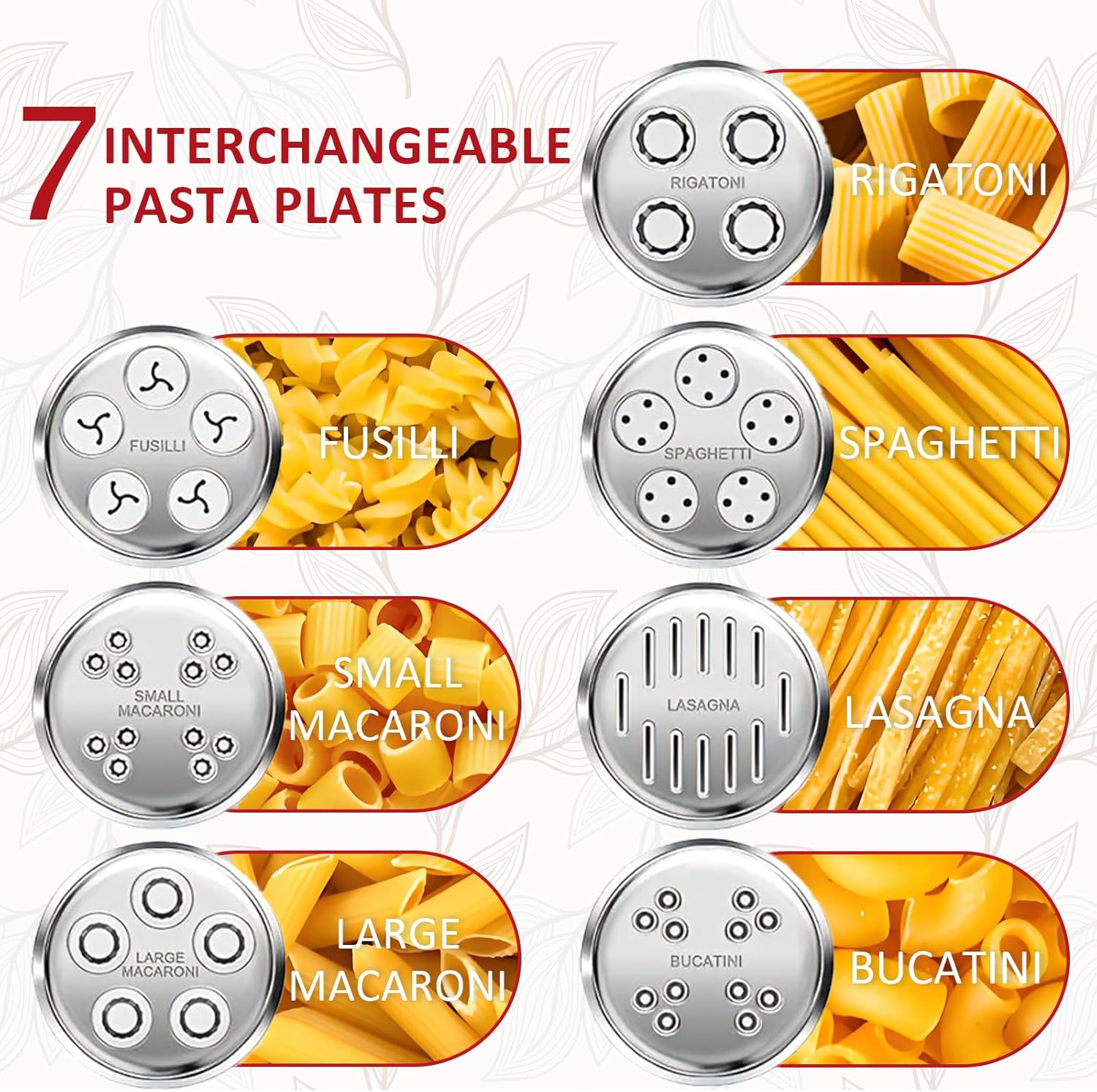 Pasta Press Attachment for KitchenAid Stand Mixer, Pasta Maker Attachment for KitchenAid with 7 Interchangeable Plates, Spaghetti, Bucatini, Fusilli, Large/Small Macaroni, Rigatoni, Lasagna