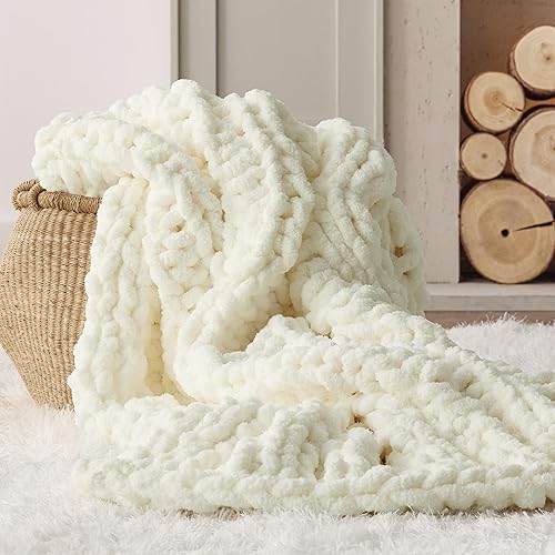 Bedsure Chunky Knit Throw Blanket for Couch - 100% Hand Knitted, 5.06 lbs GentleSoft Blanket with Giant Chenille Yarn for Bed Living Room Home Decor, Thick and Cozy, Cream White, 50x60 Inches
