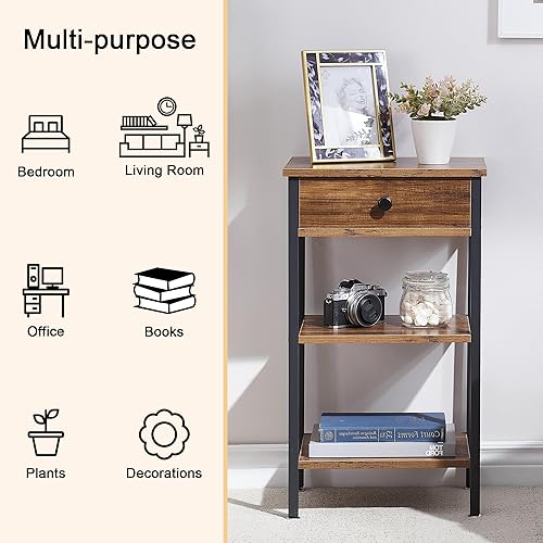 Miniatura 6 de VECELO Mesa auxiliar de extremo alto, mesita de noche con estante ajustable y cajón de cubo para sala de estar, dormitorio, entrada, espacios