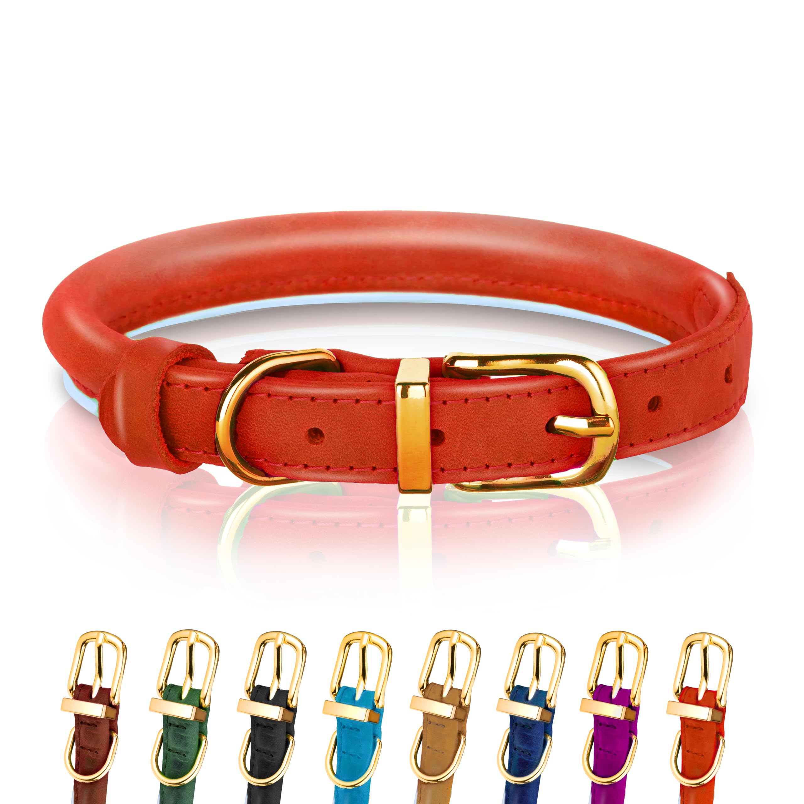 OOPSDOGGY Reflective Rolled Leather Dog Collar for Small Medium Large Dogs Puppy 8 Colors, 7 Sizes (Red, S, 10"-13")