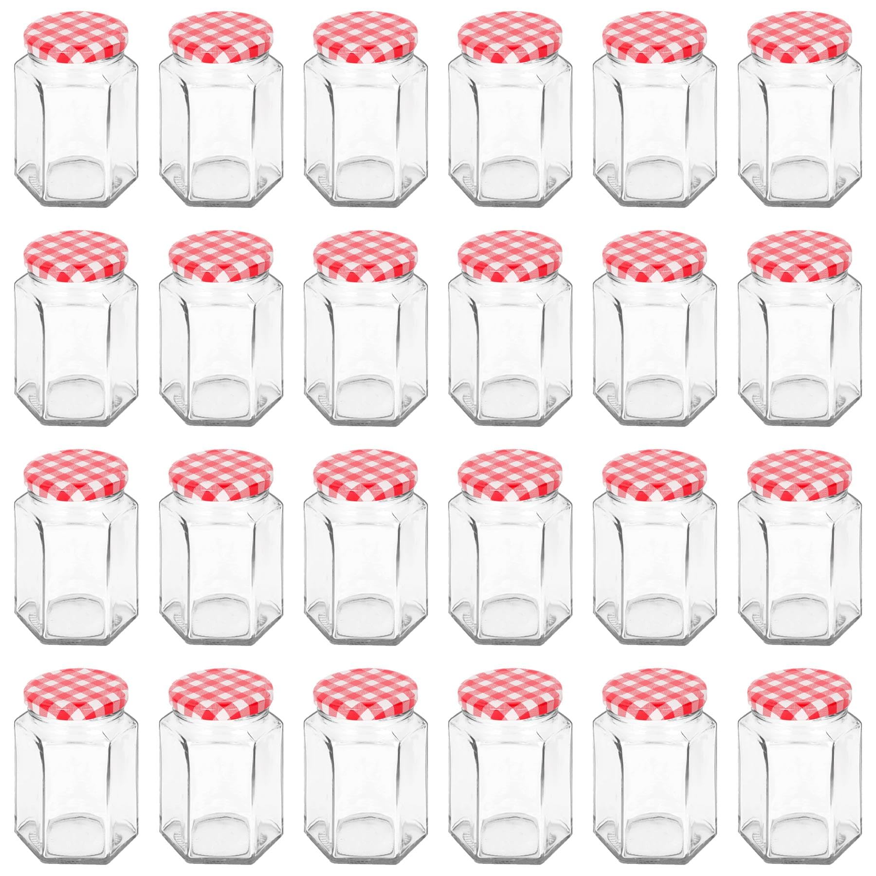 Argon Tableware 250ml Hexagonal Glass Jam Jars with Red Gingham Lids - 24x Empty Screw Top Kitchen Food Honey Spice Chutney Preserving Canning Storage Jar Container Glasses Set