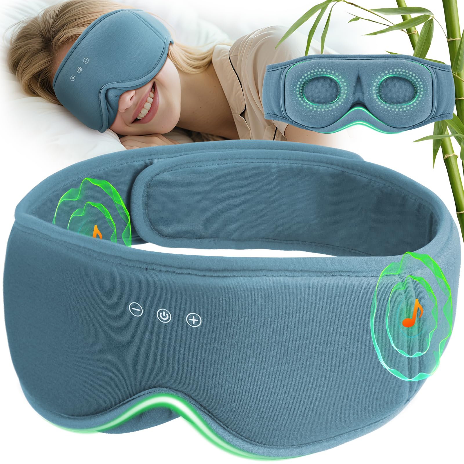 MUSICOZY Mascherina per dormire in cotone biologico di bambù, 100% oscurante, 3D, Bluetooth, mascherina traspirante per gli occhi, senza pressione oculare, cuffie per dormire sul fianco, con autonomia