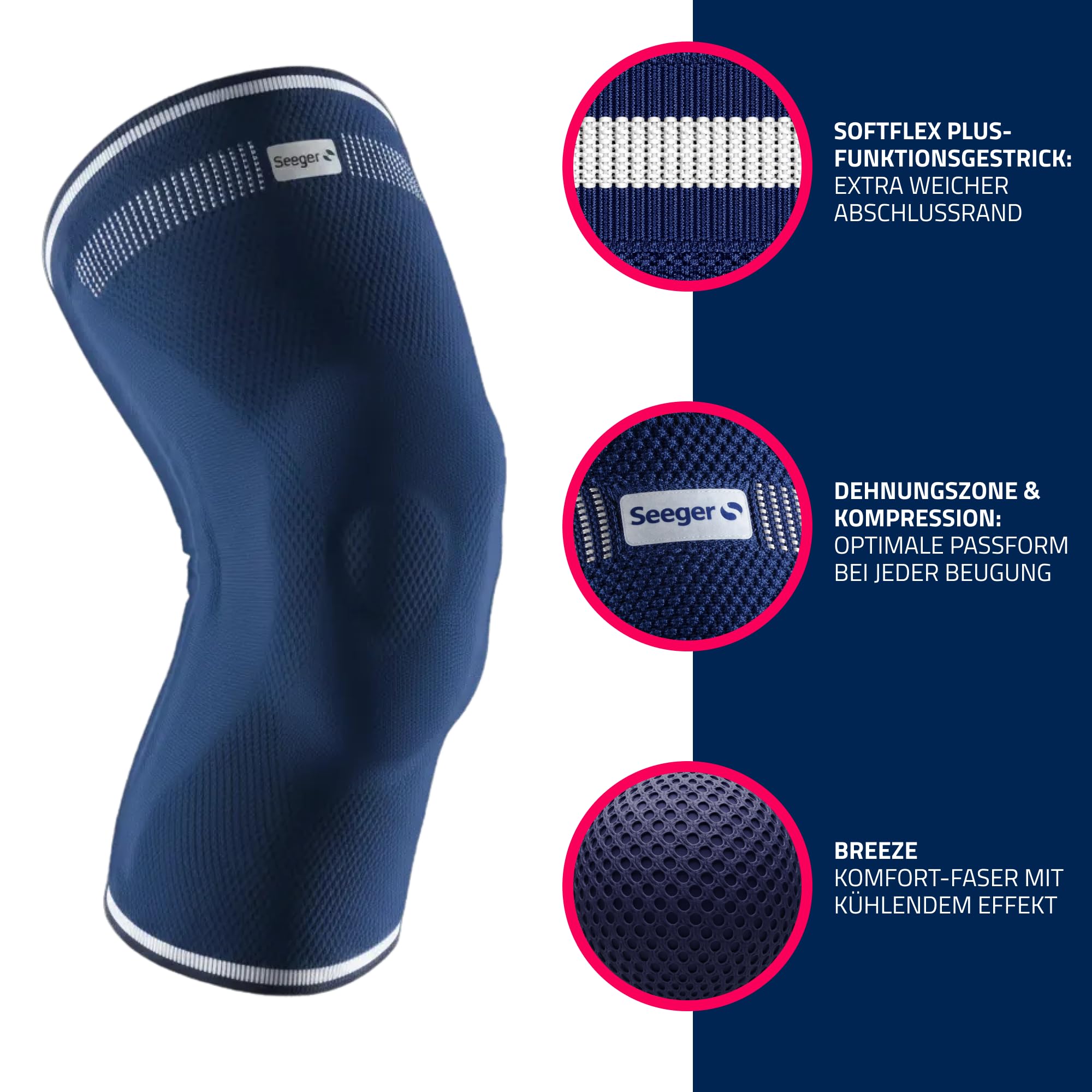 Seeger Kniebandage Komfort – Kompressionsbandage zur Stabilisierung & Schmerzlinderung bei Knieproblemen – mit Silikonpelotte & Spiralstäben – für Männer & Frauen, Sport & Alltag (Blau, 6)