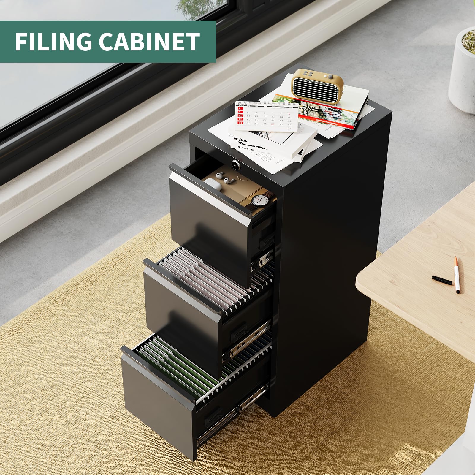 GarveeHome Aktenschrank Stahl Schwarz 3 Schubladen Buerokabinett | Büromöbel Rollcontainer Schlüsselschloss Aufbewahrung stabil Büro Arbeitszimmer Home Office