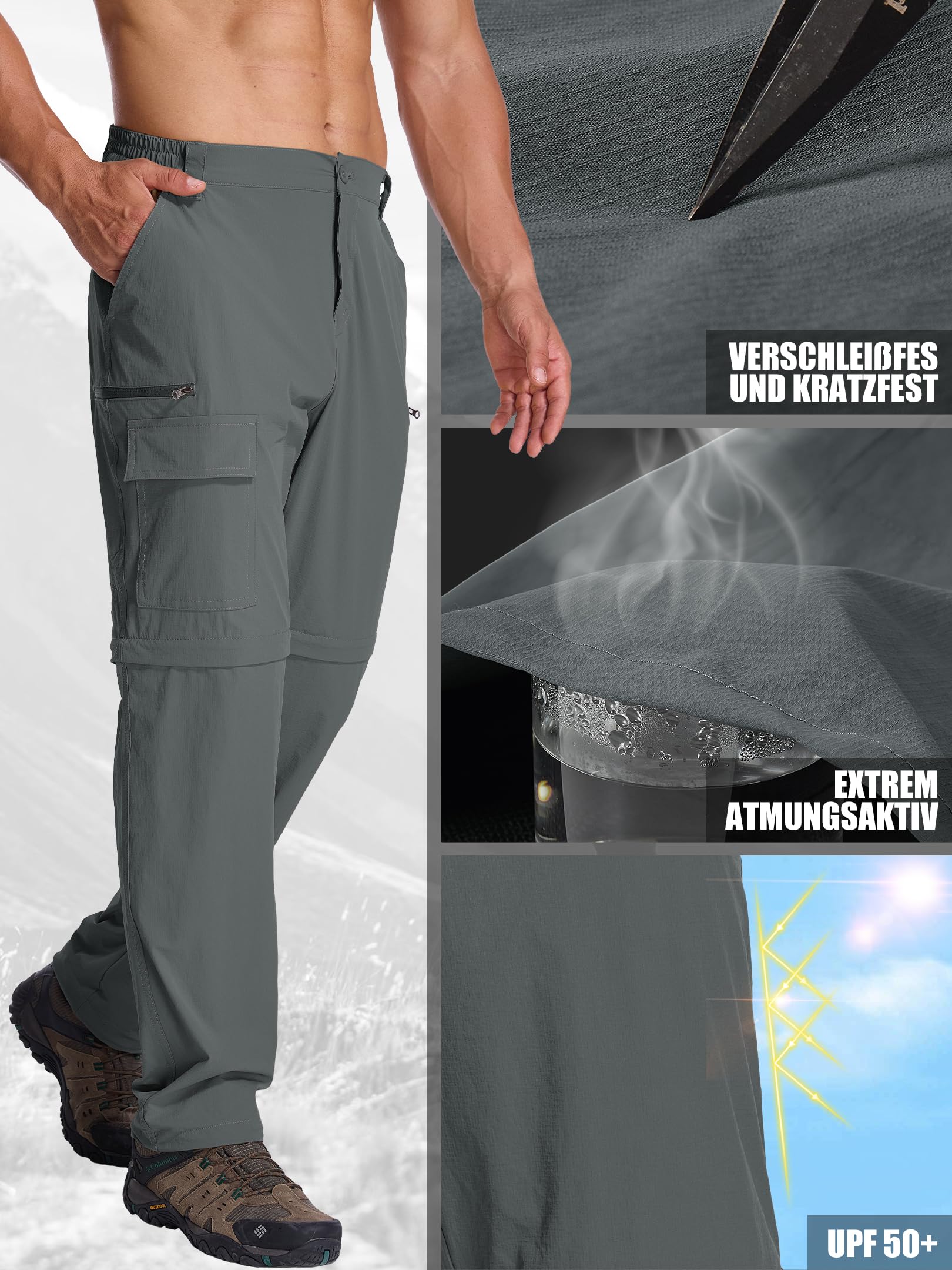 Pantaloni Uomo Convertibili, Pantaloni da Trekking Estivi Leggeri Traspiranti Asciugatura Rapida con Zip-off, Cargo 6 Tasche per Escursionismo, Ciclismo, Viaggio, Campeggio