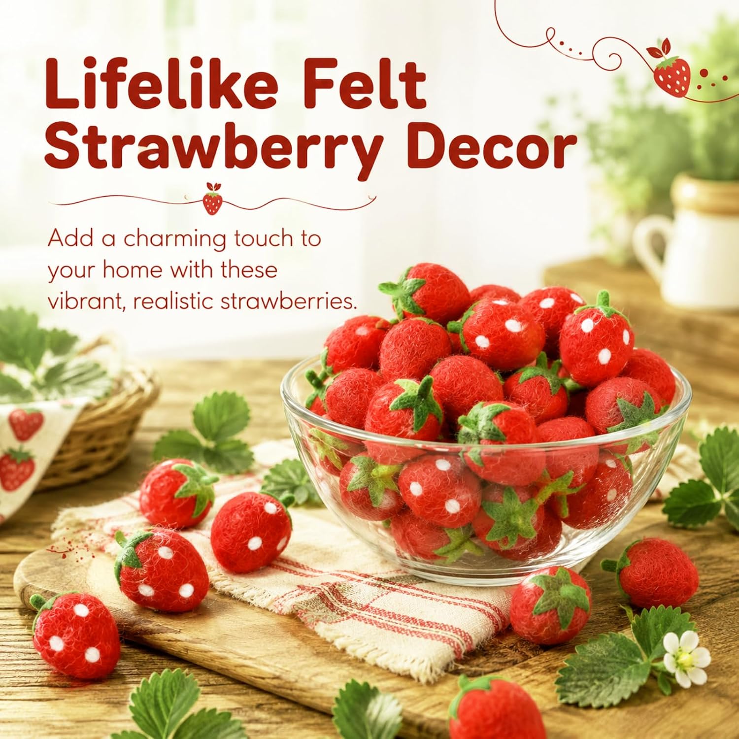 36 Pcs Felt Strawberry Decor, Handmade Wool Fake Strawberries for DIY Crafts, Soft Plush Fruit Bowl Fillers for Home Kitchen, Realistic Centerpieces for Photography Prop, Party