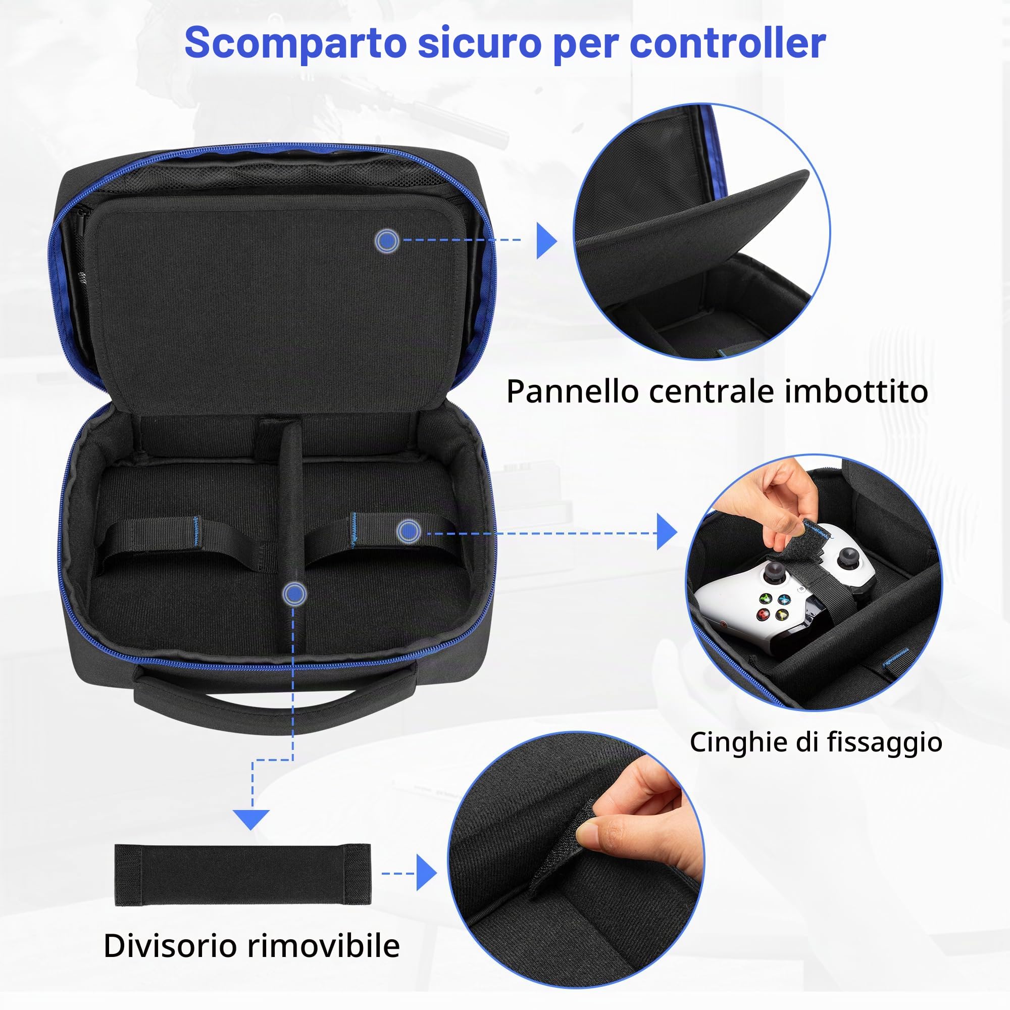 PGmoon Custodia da Viaggio per Controller Compatibile con Ps5 / Ps4 / Xbox/Switch Pro e Altri Controller, Borsa Protettiva per 2 Controller e Altri Accessori, Blu (Design Brevettato)