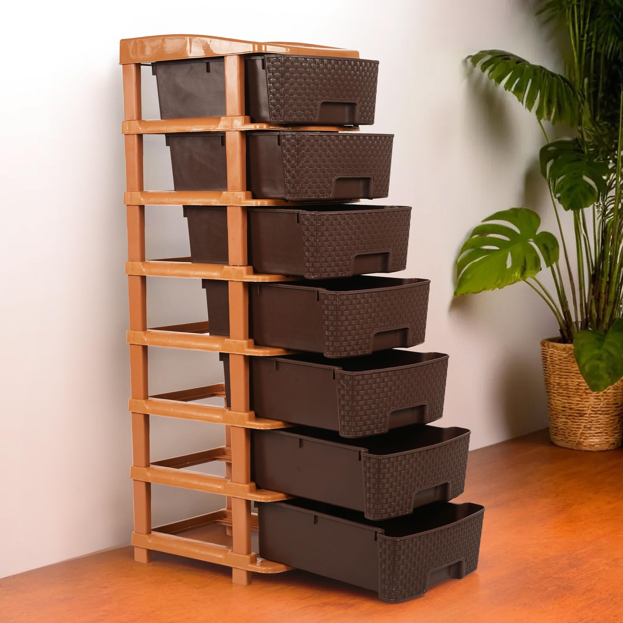 Kuber Industries Modułowy organizer do przechowywania szuflad, 7-warstwowy i 57 l, łatwy do czyszczenia, organizer na książki, ubrania i zabawki, do pokoju dziecięcego, łazienki i salonu, czekoladowy