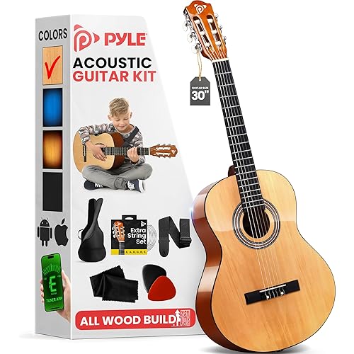 Pyle Beginner Acoustic Guitar Kit, 1/4 Junior Size All Wood Instrument for Students and Adults, 30" Natural Gloss