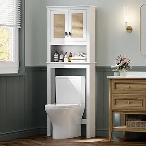 GarveeHome Over The Toilet Storage Cabinet, Farmhouse Over Toilet Bathroom Organizer with Rattan Doors, Freestanding Wood Above Toilet Storage Cabinet with Adjustable Shelf, White