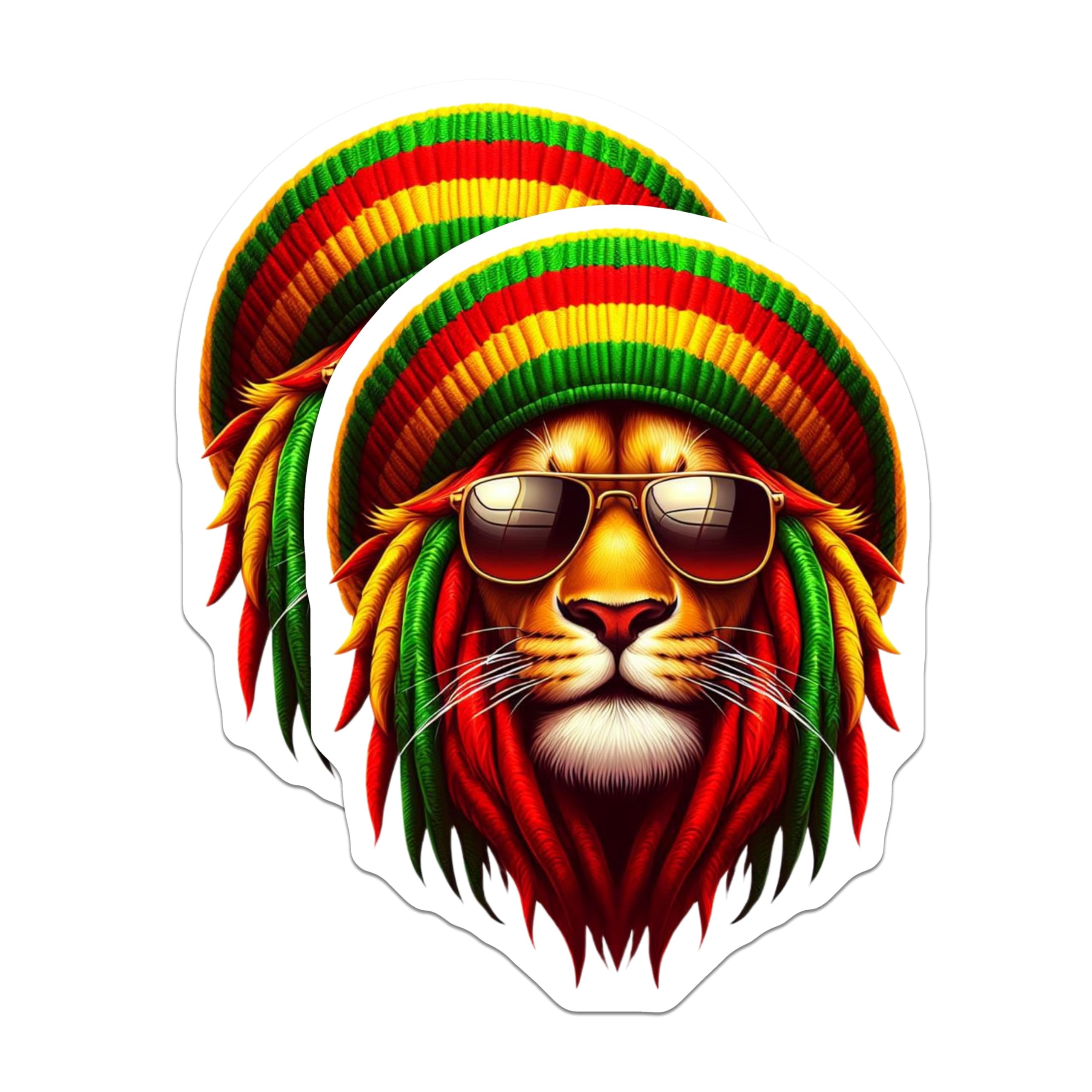 (2 Pack) Rasta Lion Stickers - Cool Lion Head - Reggae Lion Art Stickers - 5" On Longest Side - Sticks to Smooth Flat Surfaces - Made in USA - BMCS4385
