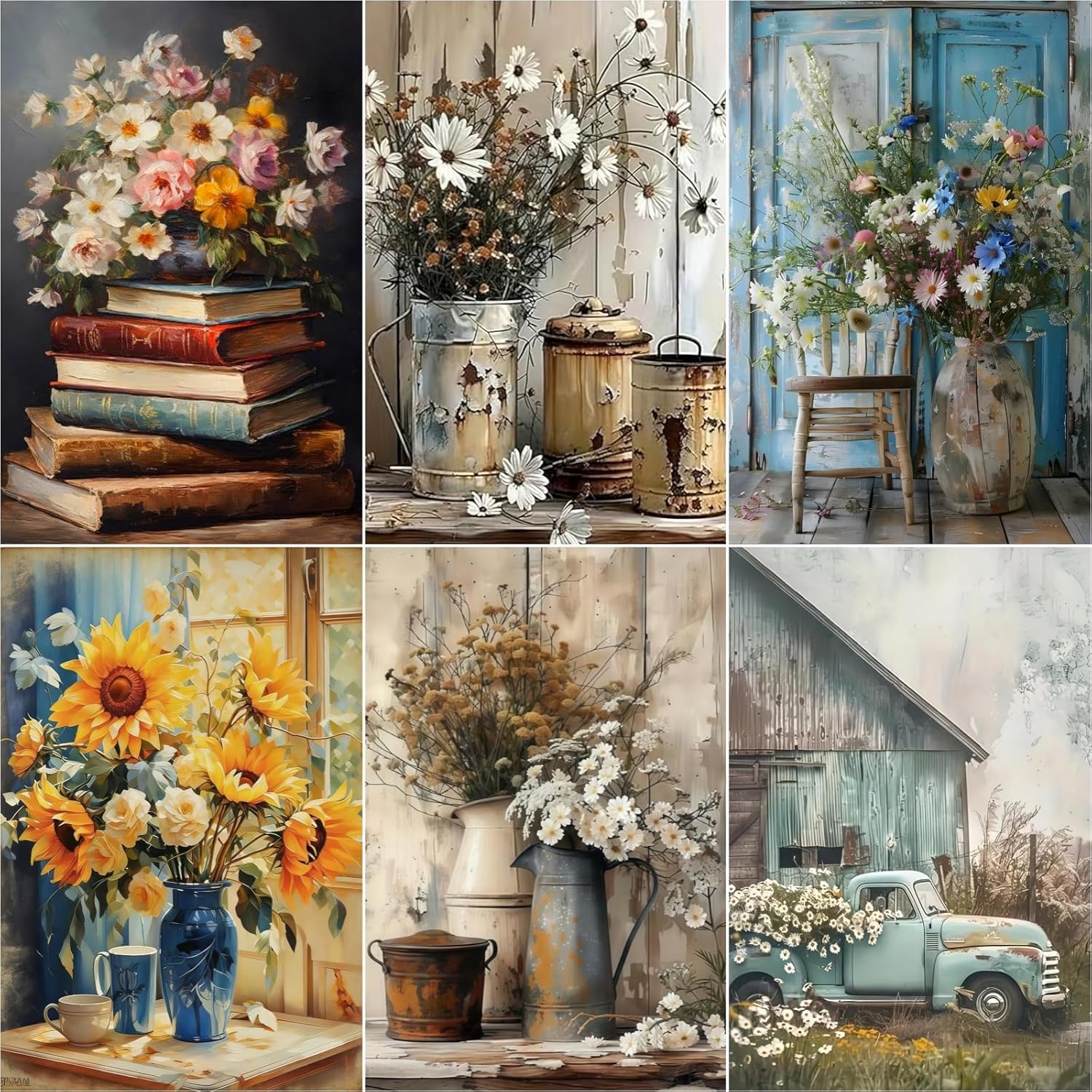 CSZPPQAF 6 Pack Vintage Floral Diamond Painting Kits for Adults, Full Drill Rustic Farmhouse Flower Diamond Art for Home Wall Decor, 9.8x13.7Inch