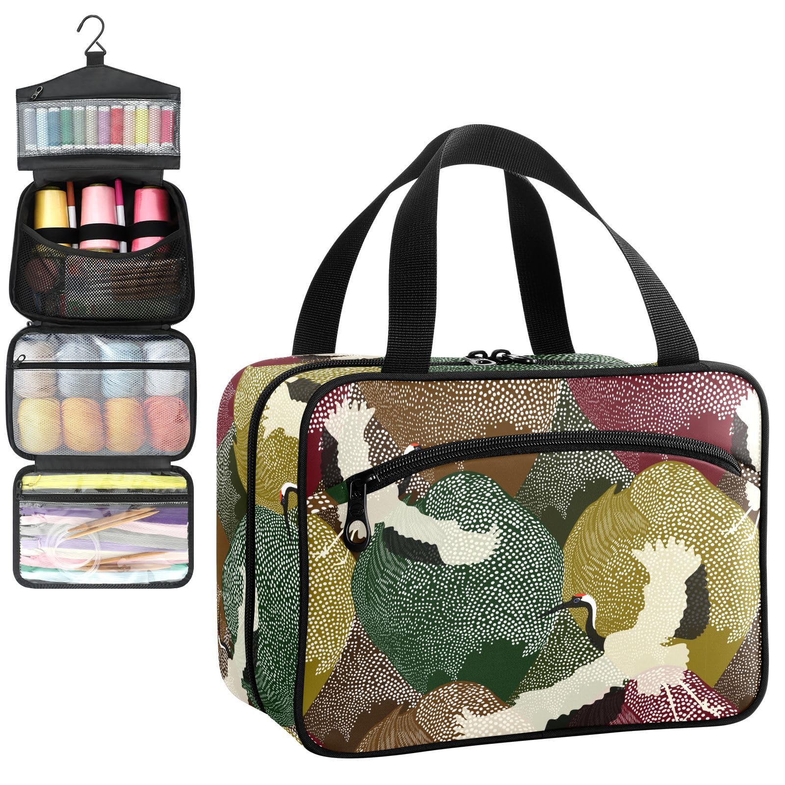 YNNALE Sewing Supply Organizer Bag, Japanese Style Cranes Portable Sewing Bags with Pockets&Hanger, Sewing Storage Box Case for Sew Supplies/Kit/Tools/Accessories (BAG ONLY)