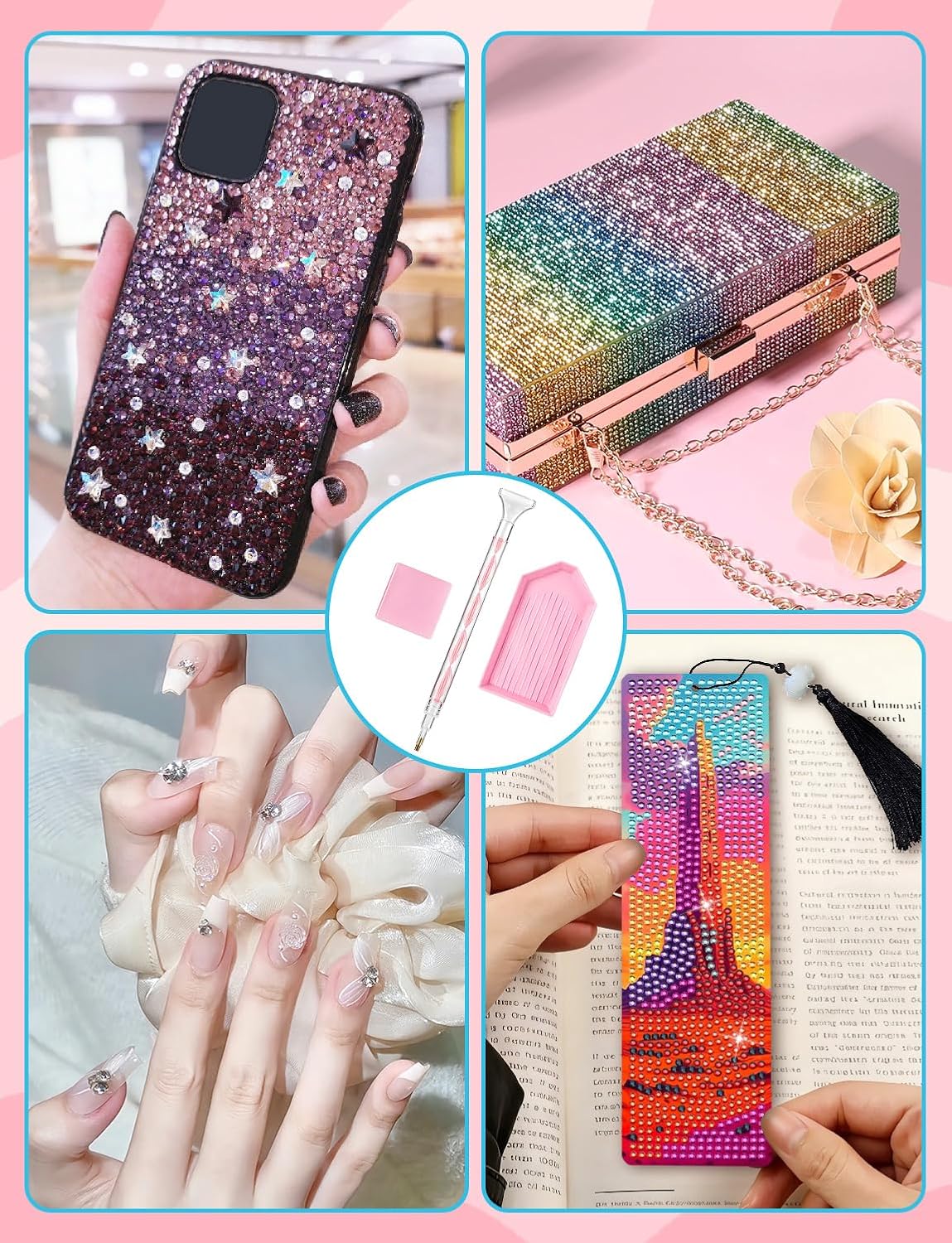 Rhinestone Picker Tool Kit: 10Pcs Rhinestone Picker Handle with 6 Types of Wax Tips, 4 Rhinestone Storage and 24 Glue Clays, Bedazzling Tools for Nail Art Craft